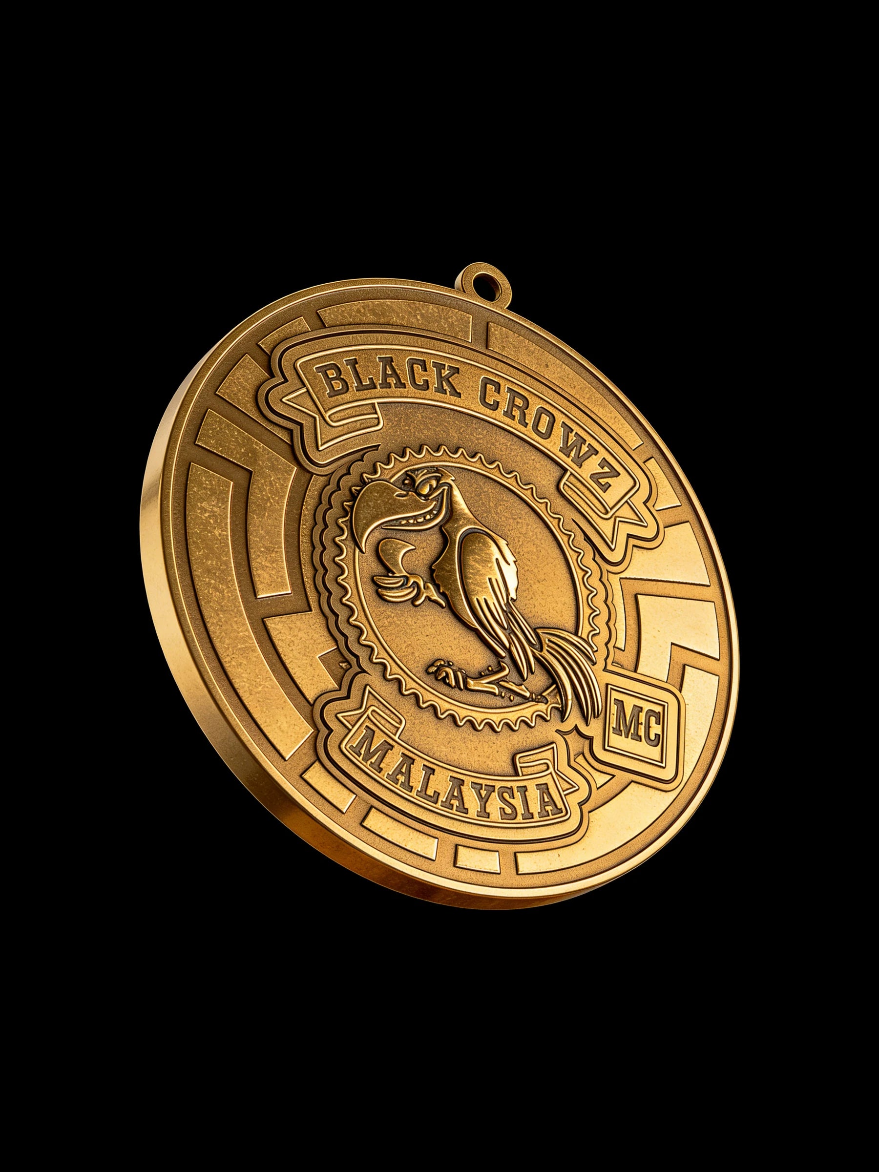 Custom crow maze motorcycle club pendant craftsmanship reference, right angle