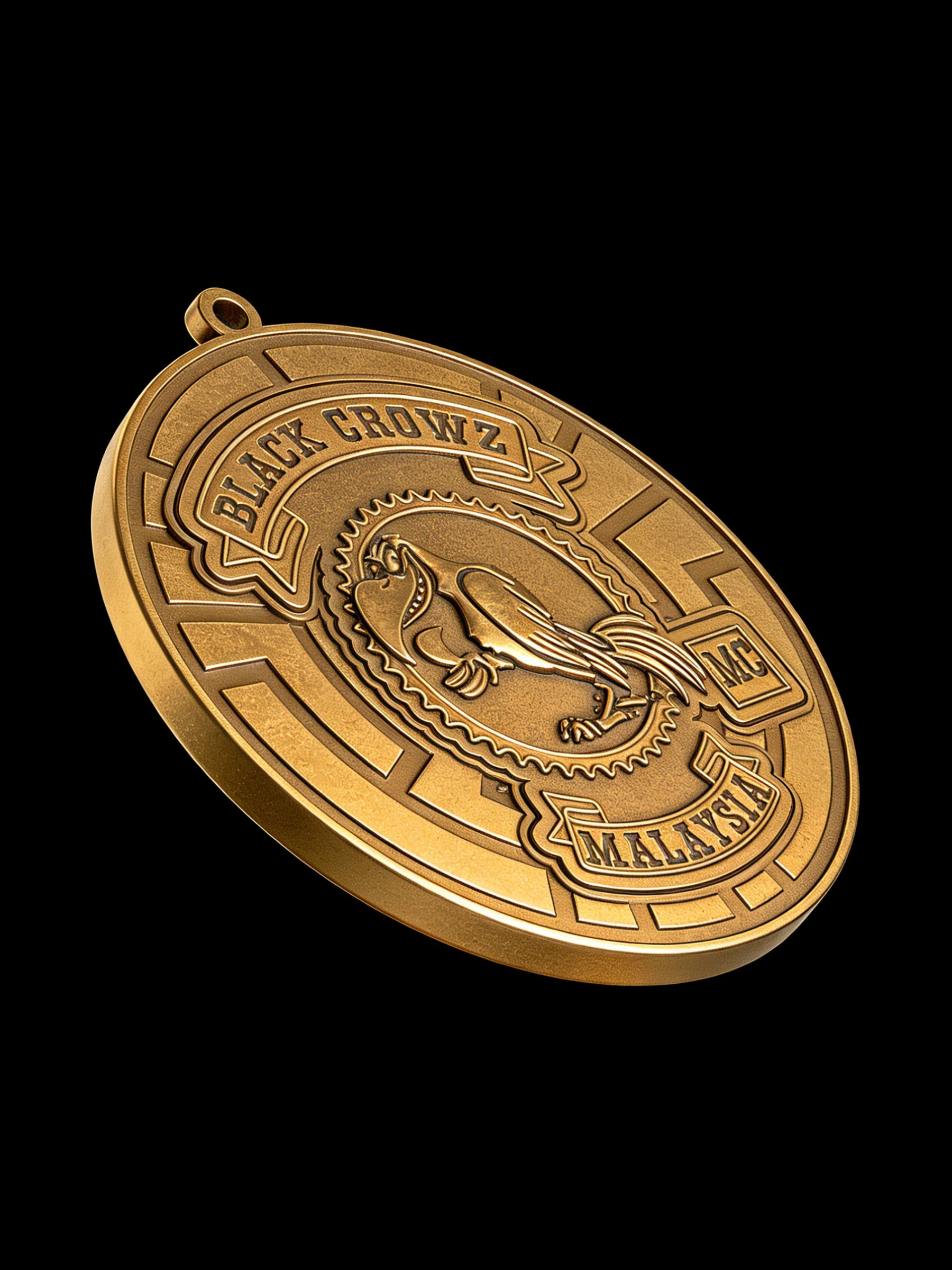 Custom crow maze motorcycle club pendant craftsmanship reference, side profile