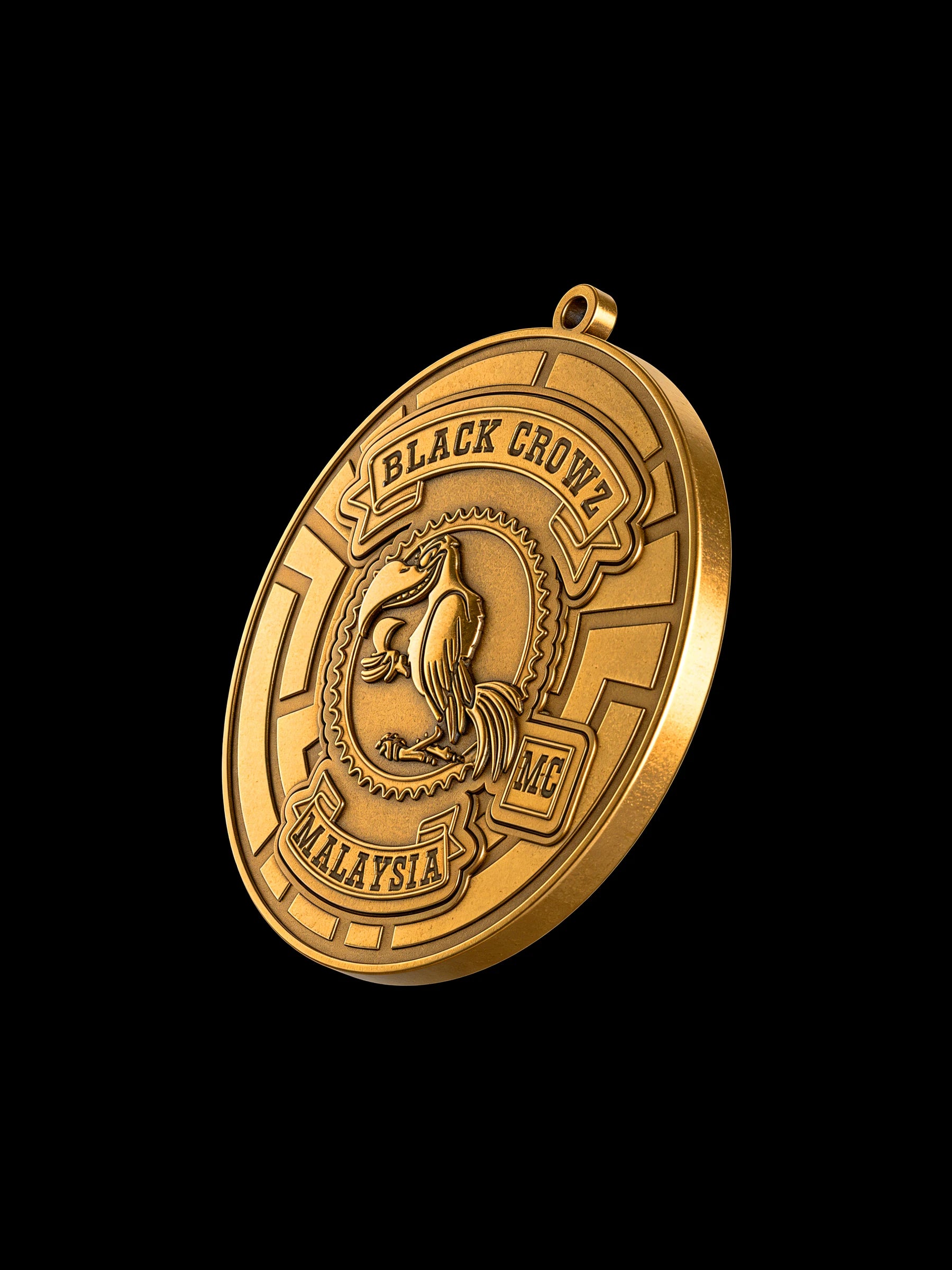 Custom crow maze motorcycle club pendant craftsmanship reference, three quarter view