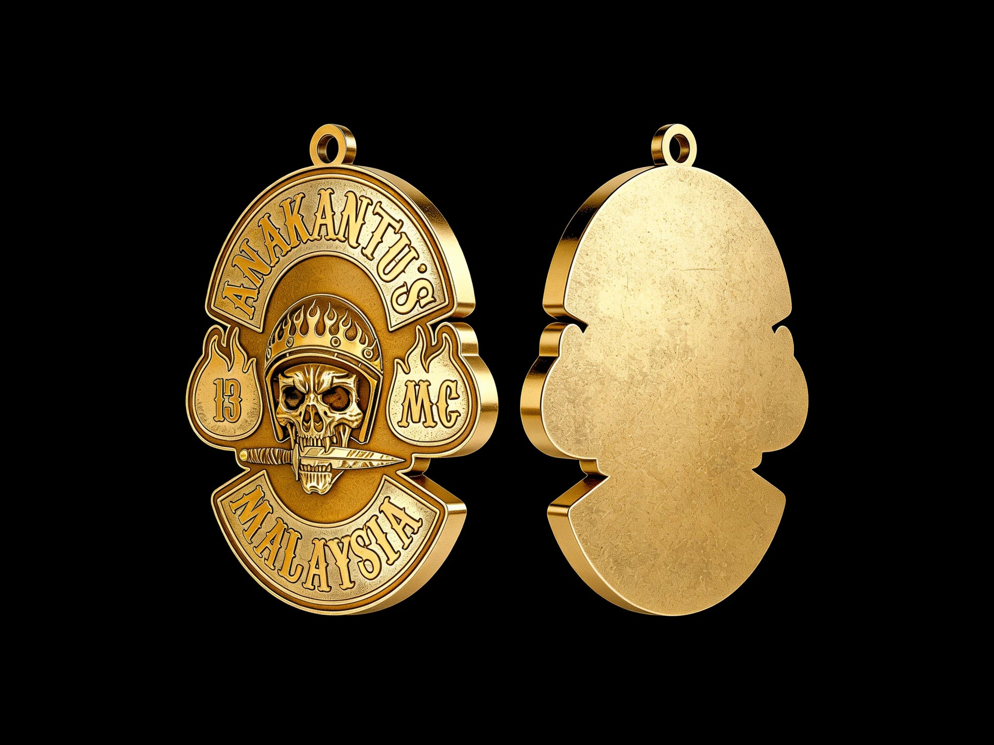 Custom crowned club skull motorcycle club pendant craftsmanship reference, back and front