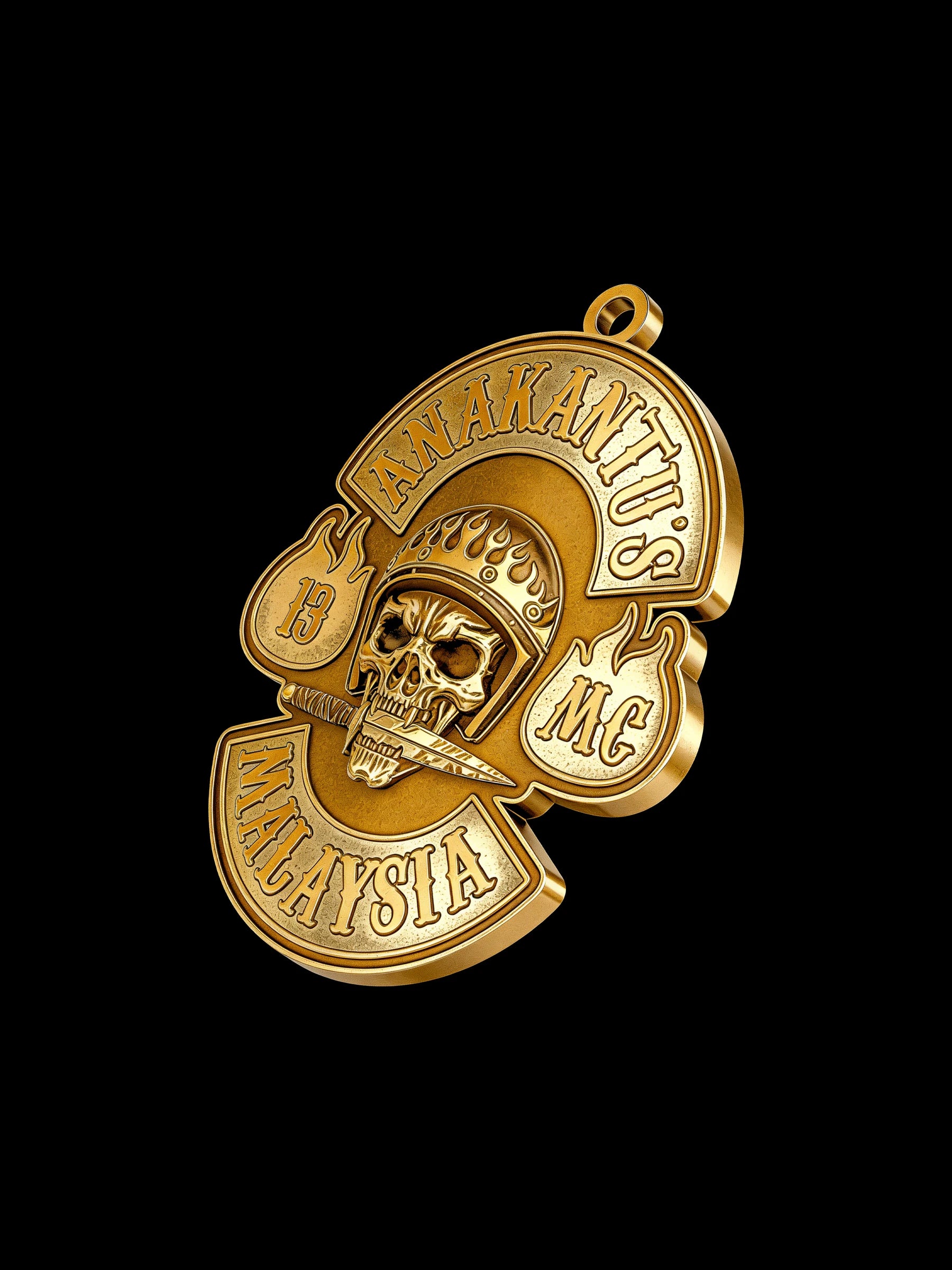 Custom crowned club skull motorcycle club pendant craftsmanship reference, left angle