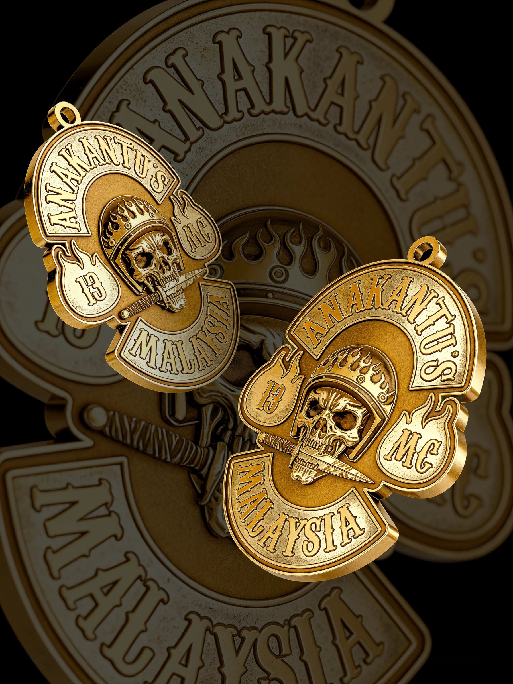 Custom crowned club skull motorcycle club pendant craftsmanship reference, paired display