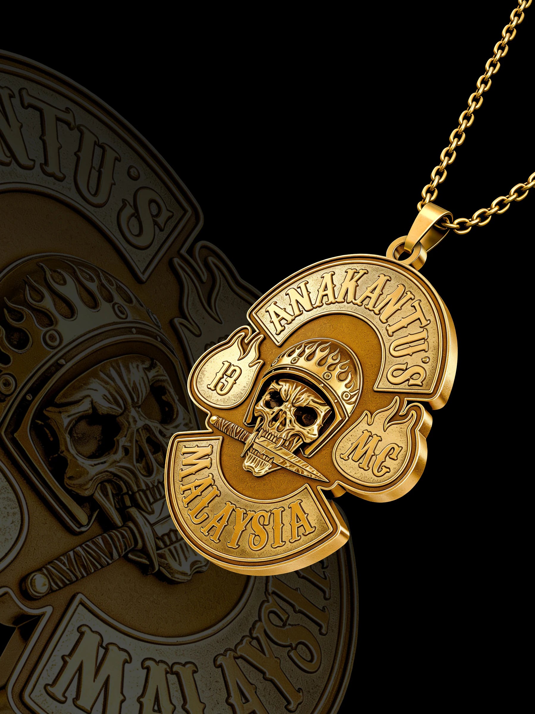 Custom crowned club skull motorcycle club pendant craftsmanship reference, raised relief detail