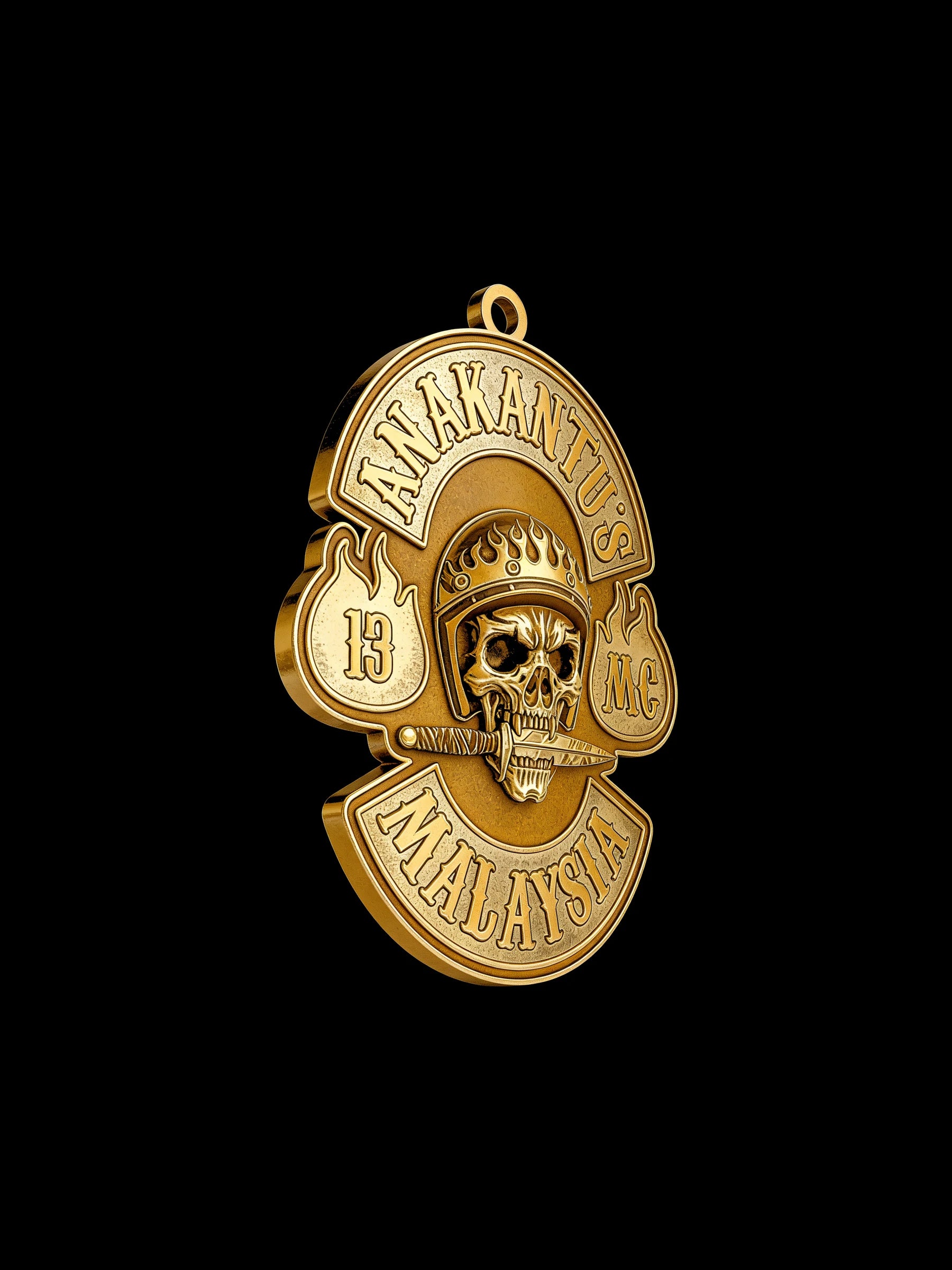 Custom crowned club skull motorcycle club pendant craftsmanship reference, right angle