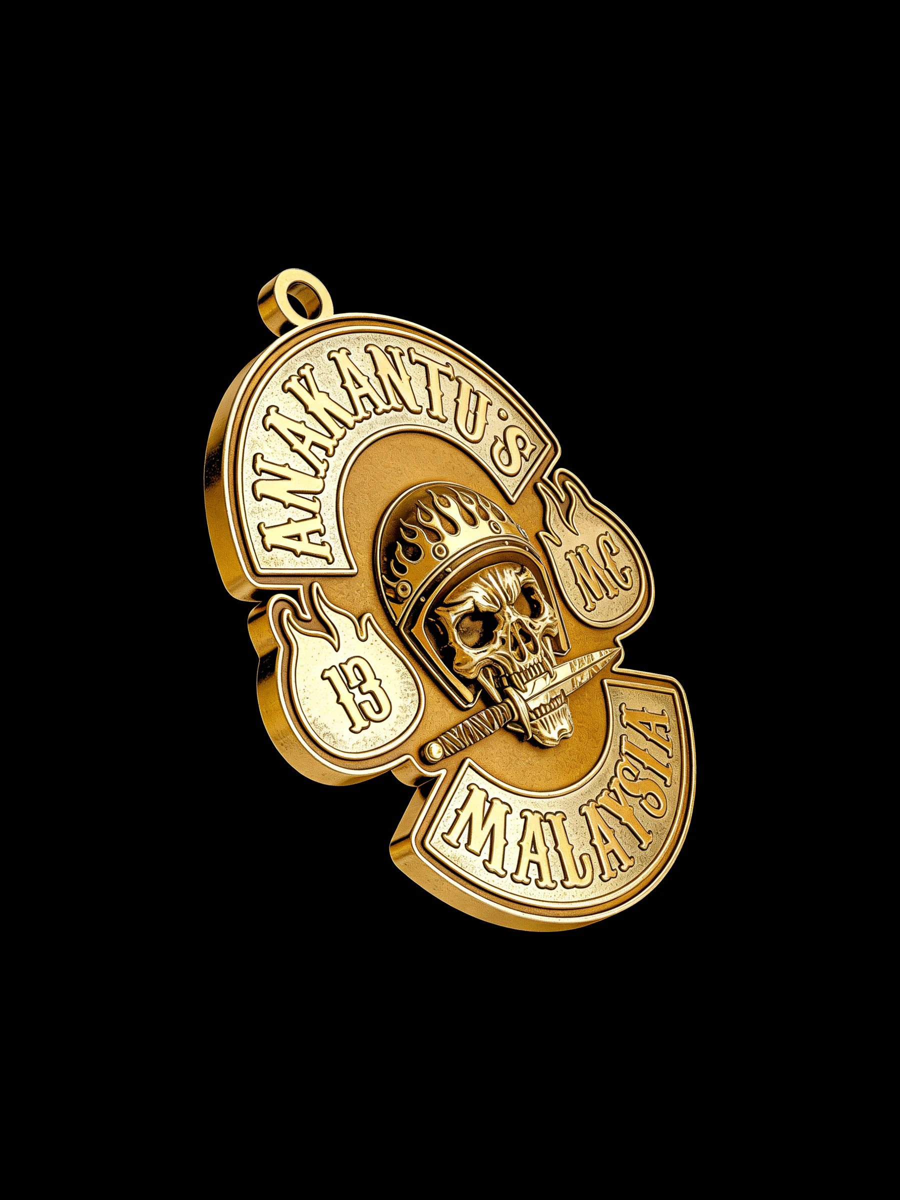 Custom crowned club skull motorcycle club pendant craftsmanship reference, side profile