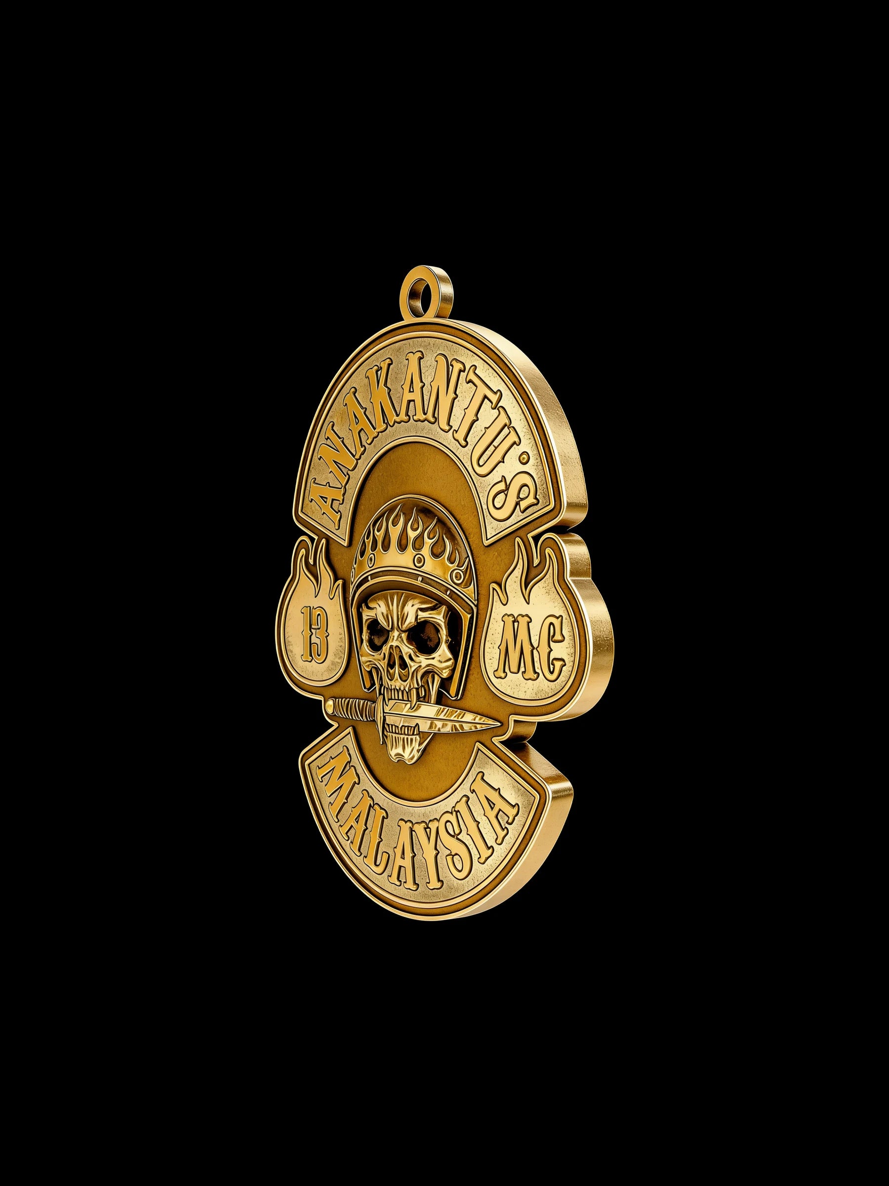 Custom crowned club skull motorcycle club pendant craftsmanship reference, three quarter view