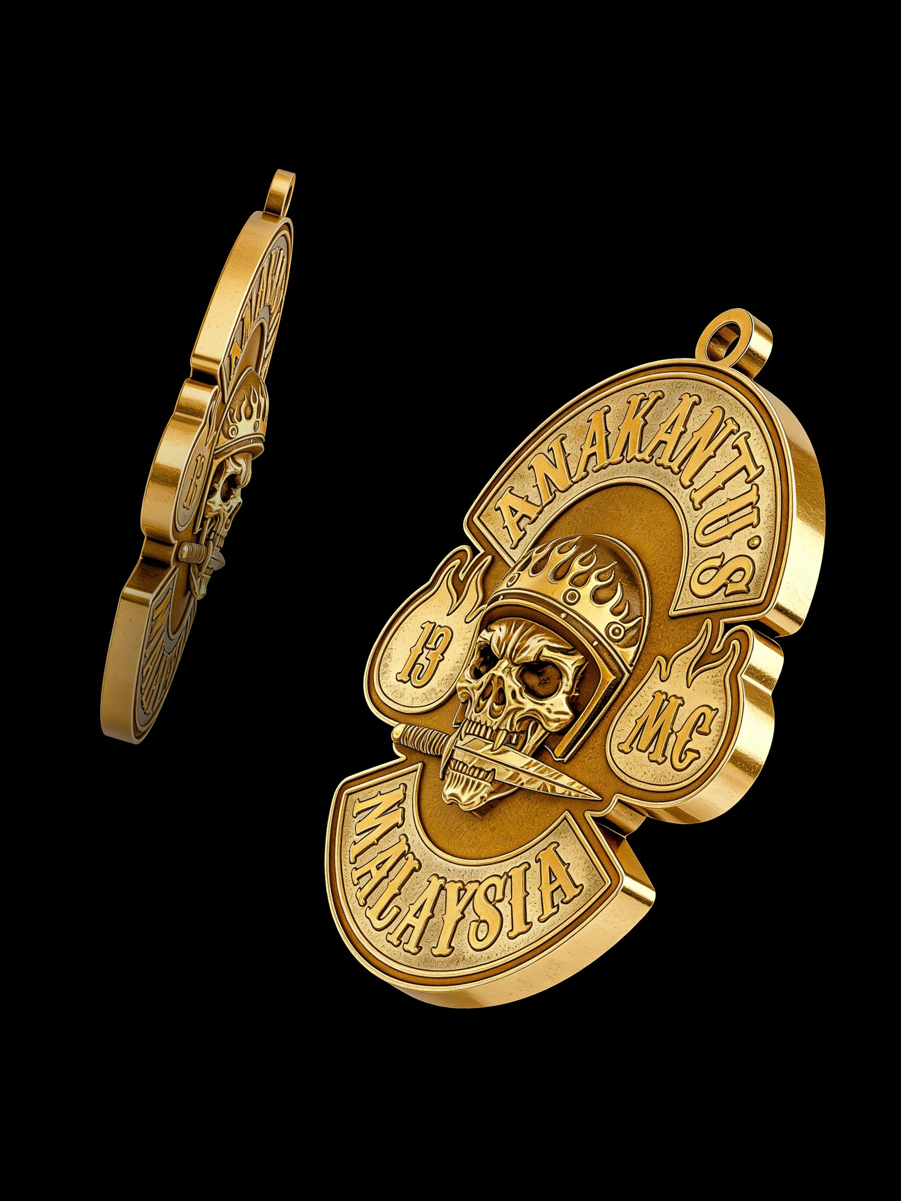 Custom crowned club skull motorcycle club pendant craftsmanship reference, with chain