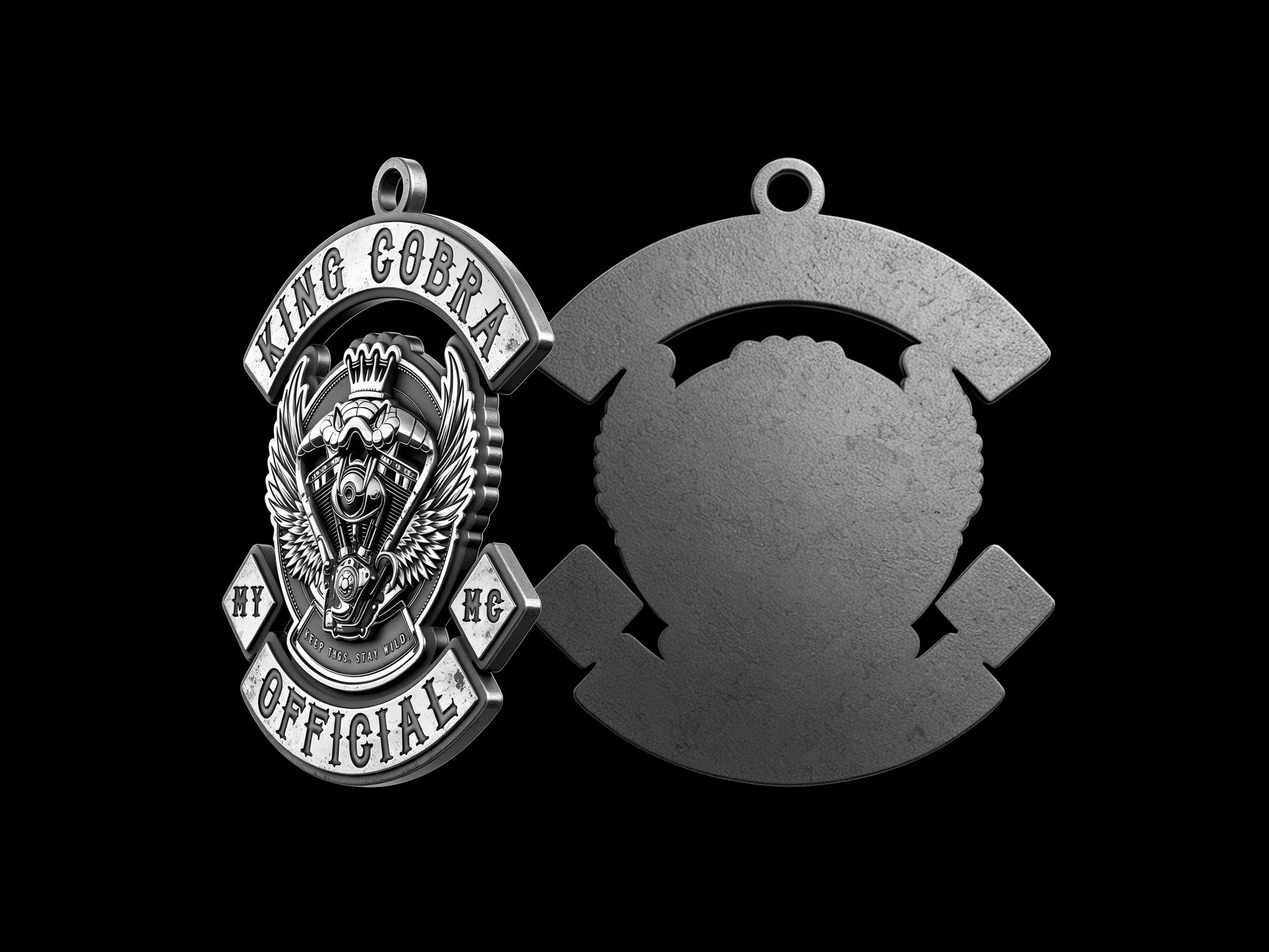 Custom crowned cobra motorcycle club pendant craftsmanship reference, back and front