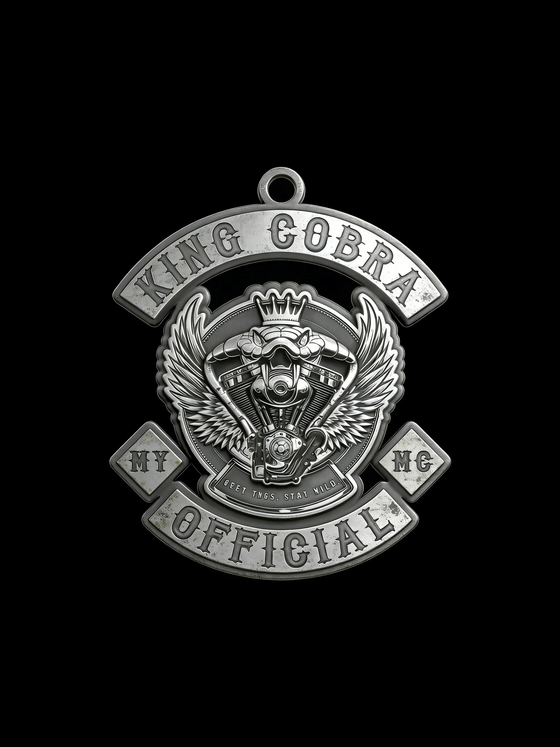 Custom crowned cobra motorcycle club pendant craftsmanship reference, front view