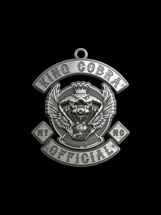Custom crowned cobra motorcycle club pendant craftsmanship reference, front view