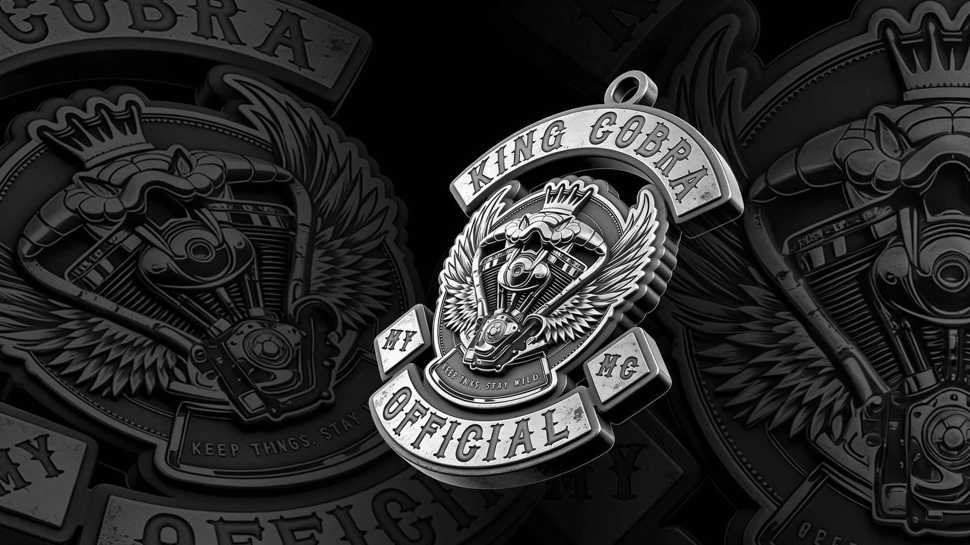 Custom crowned cobra motorcycle club pendant craftsmanship reference, gallery layout