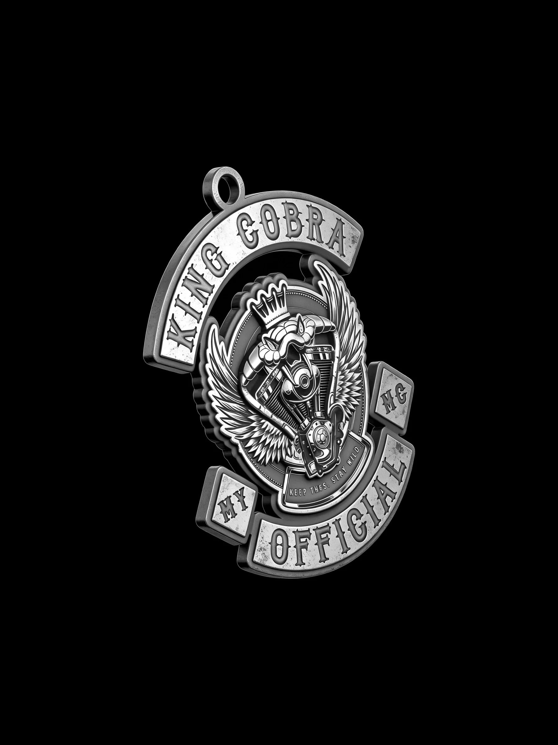 Custom crowned cobra motorcycle club pendant craftsmanship reference, left angle