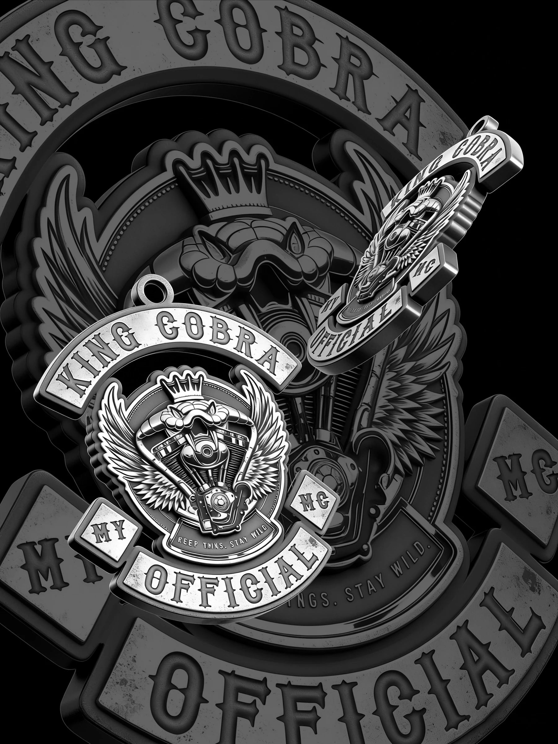 Custom crowned cobra motorcycle club pendant craftsmanship reference, paired display