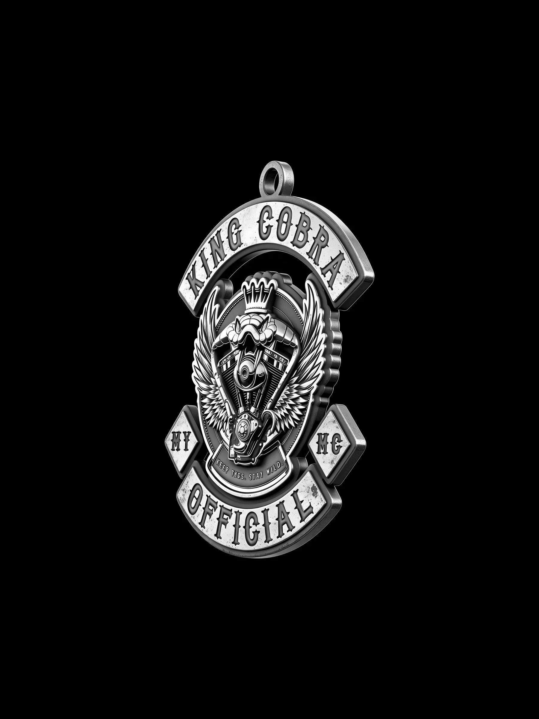Custom crowned cobra motorcycle club pendant craftsmanship reference, right angle