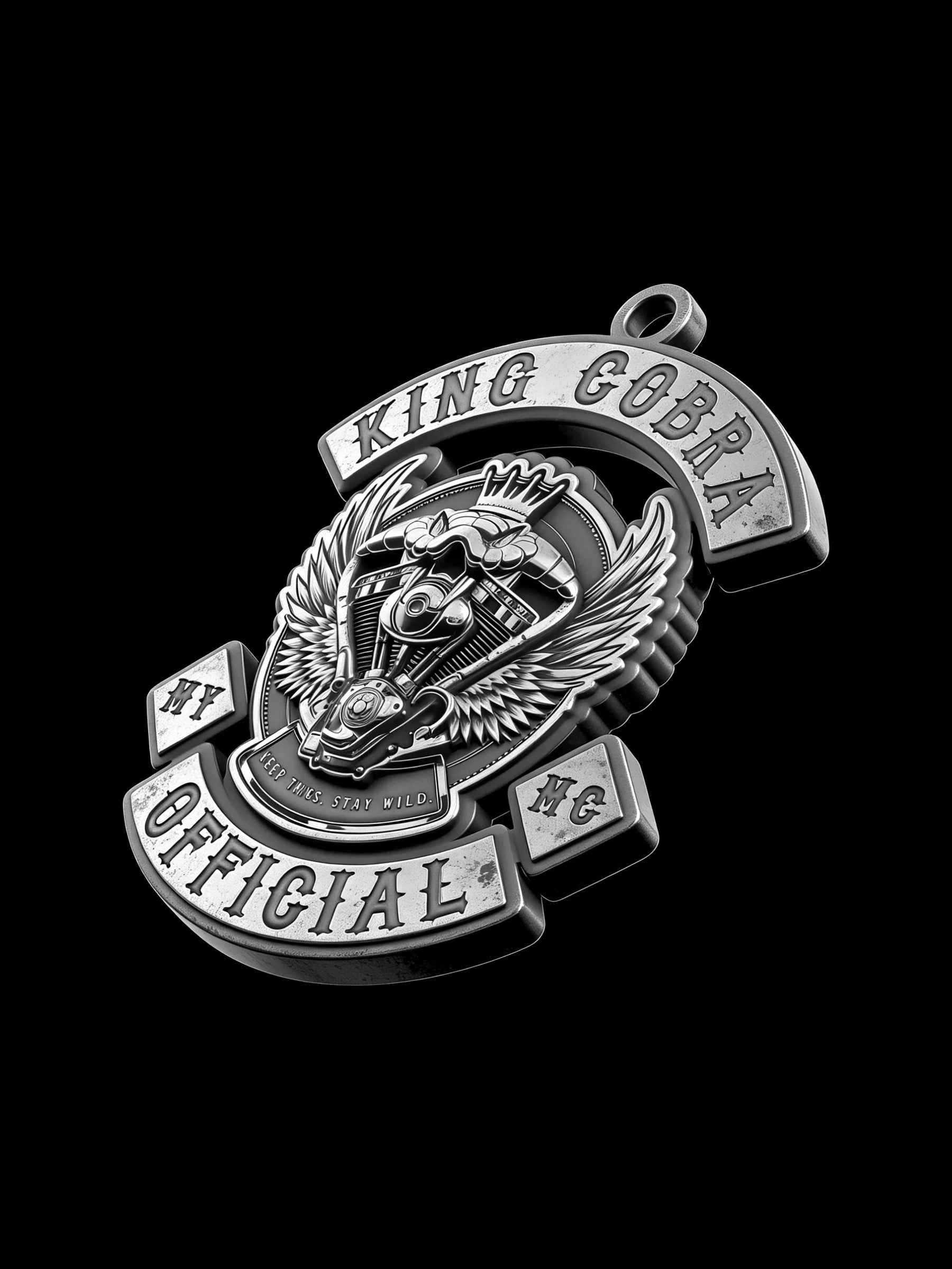 Custom crowned cobra motorcycle club pendant craftsmanship reference, side profile