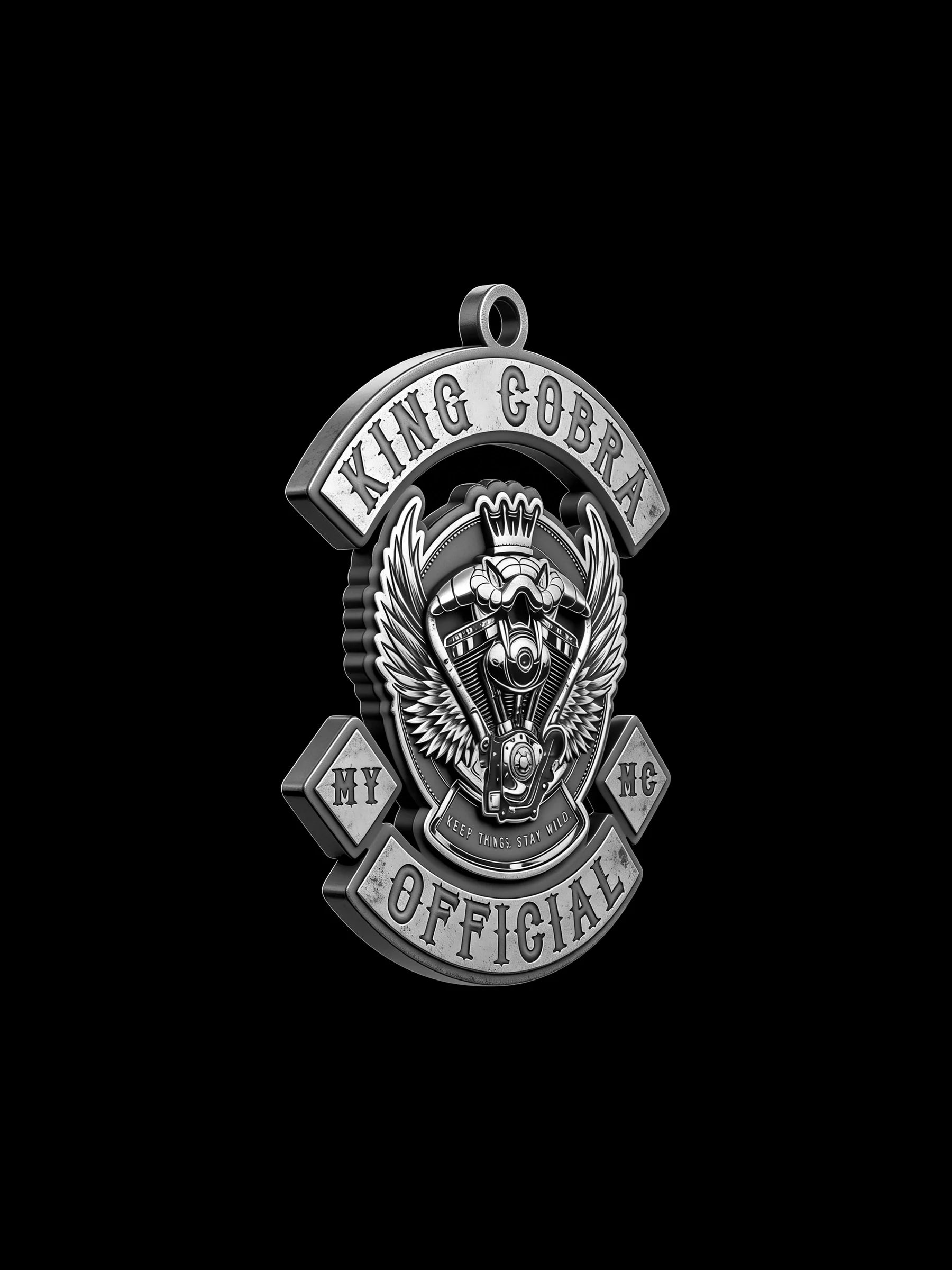 Custom crowned cobra motorcycle club pendant craftsmanship reference, three quarter view