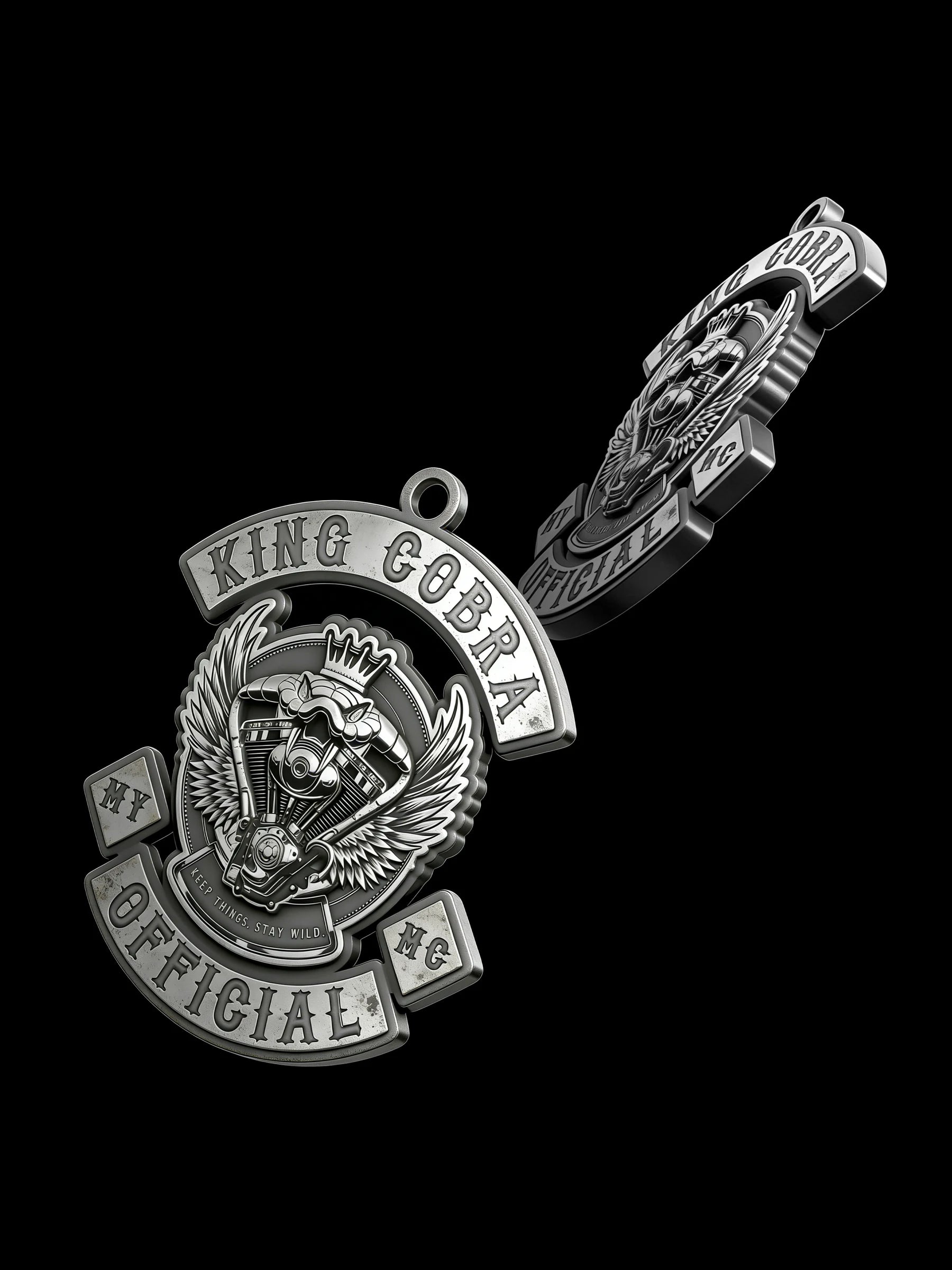 Custom crowned cobra motorcycle club pendant craftsmanship reference, with chain