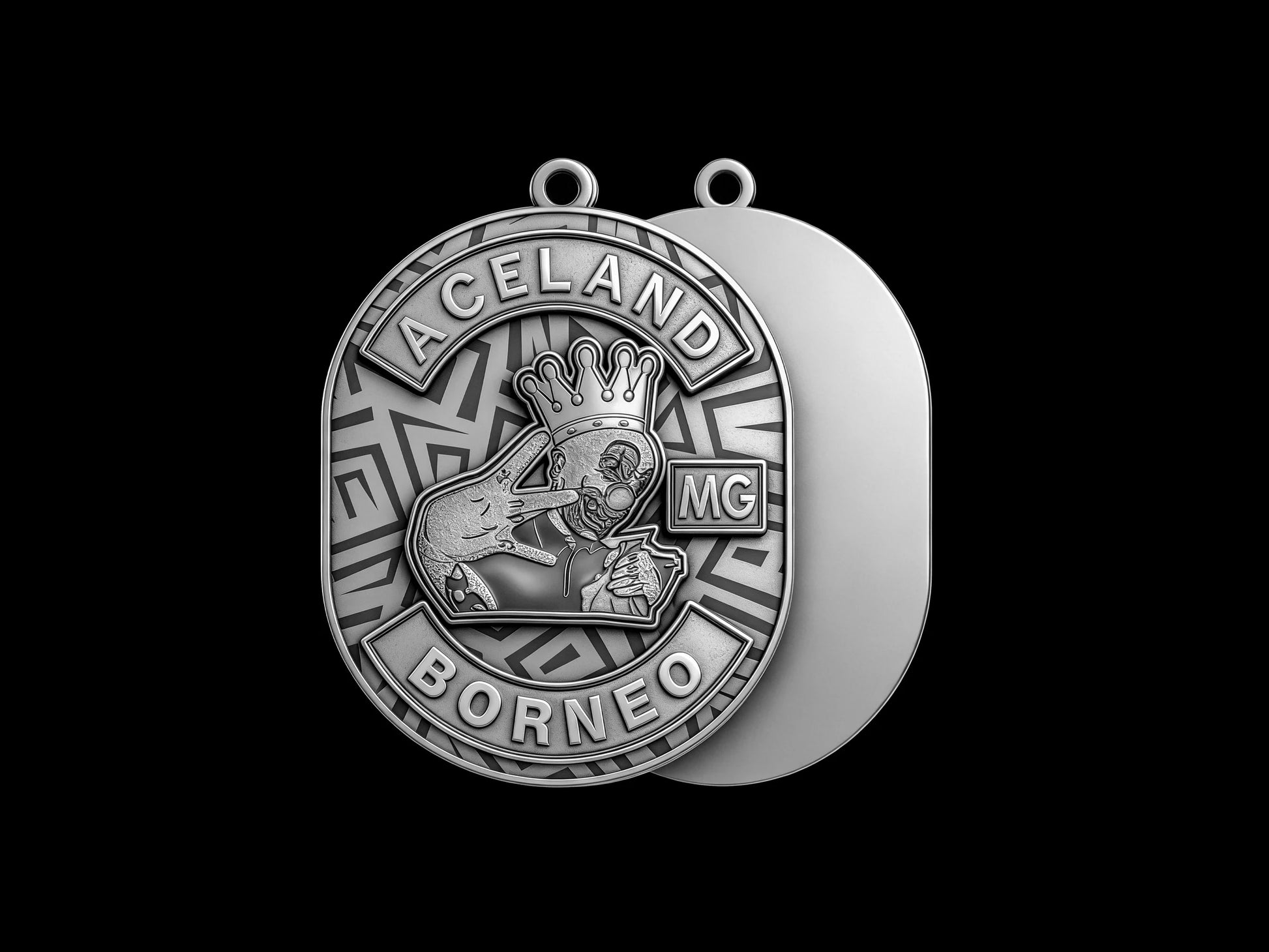 Custom crowned rabbit motorcycle club pendant craftsmanship reference, back and front