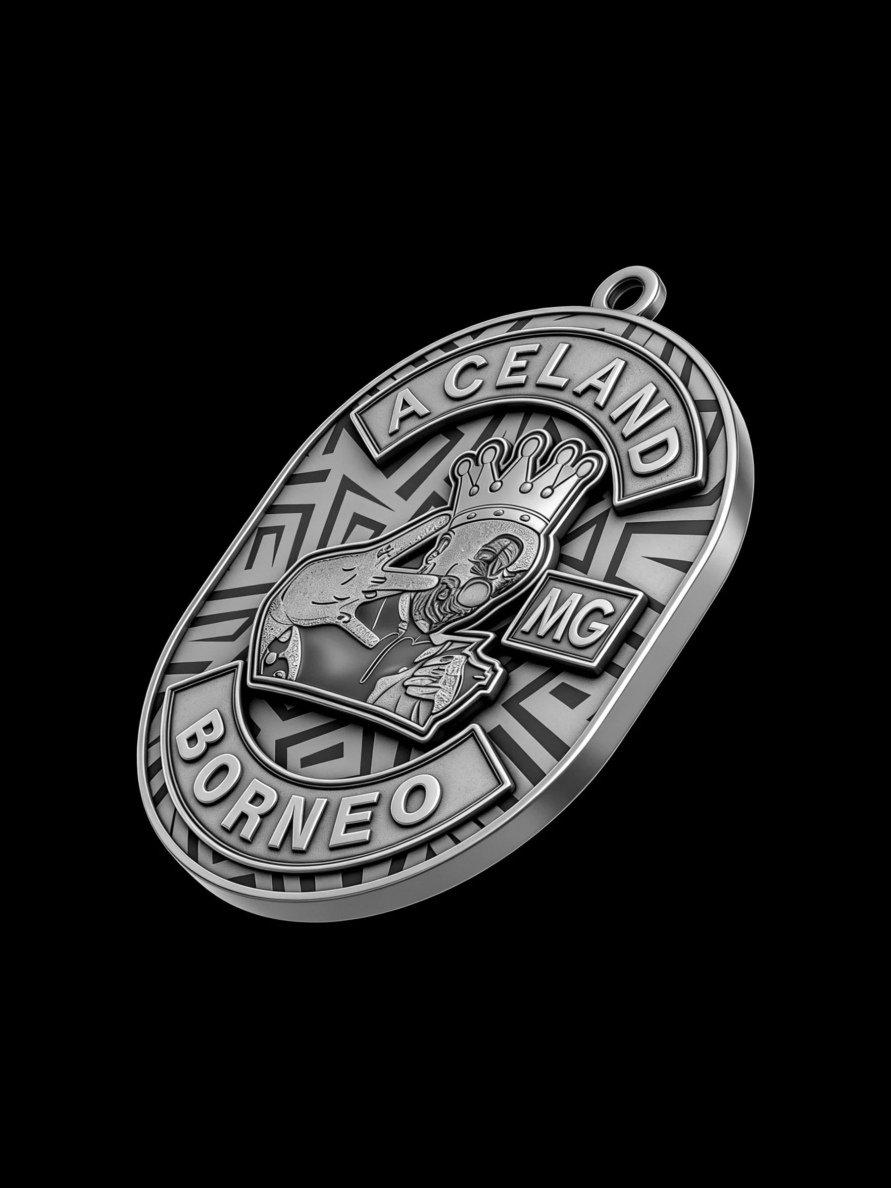 Custom crowned rabbit motorcycle club pendant craftsmanship reference, left angle