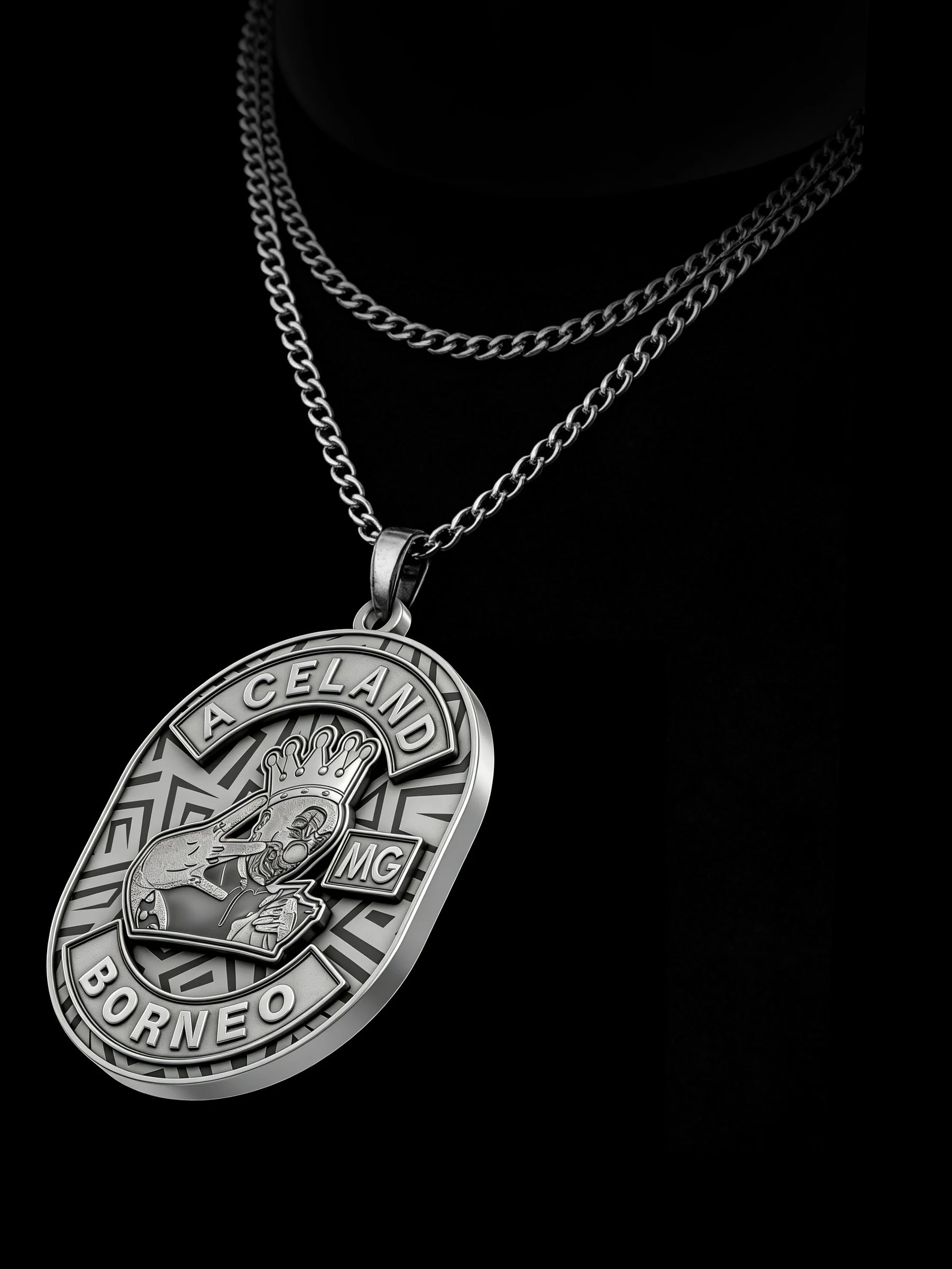 Custom crowned rabbit motorcycle club pendant craftsmanship reference, raised relief detail