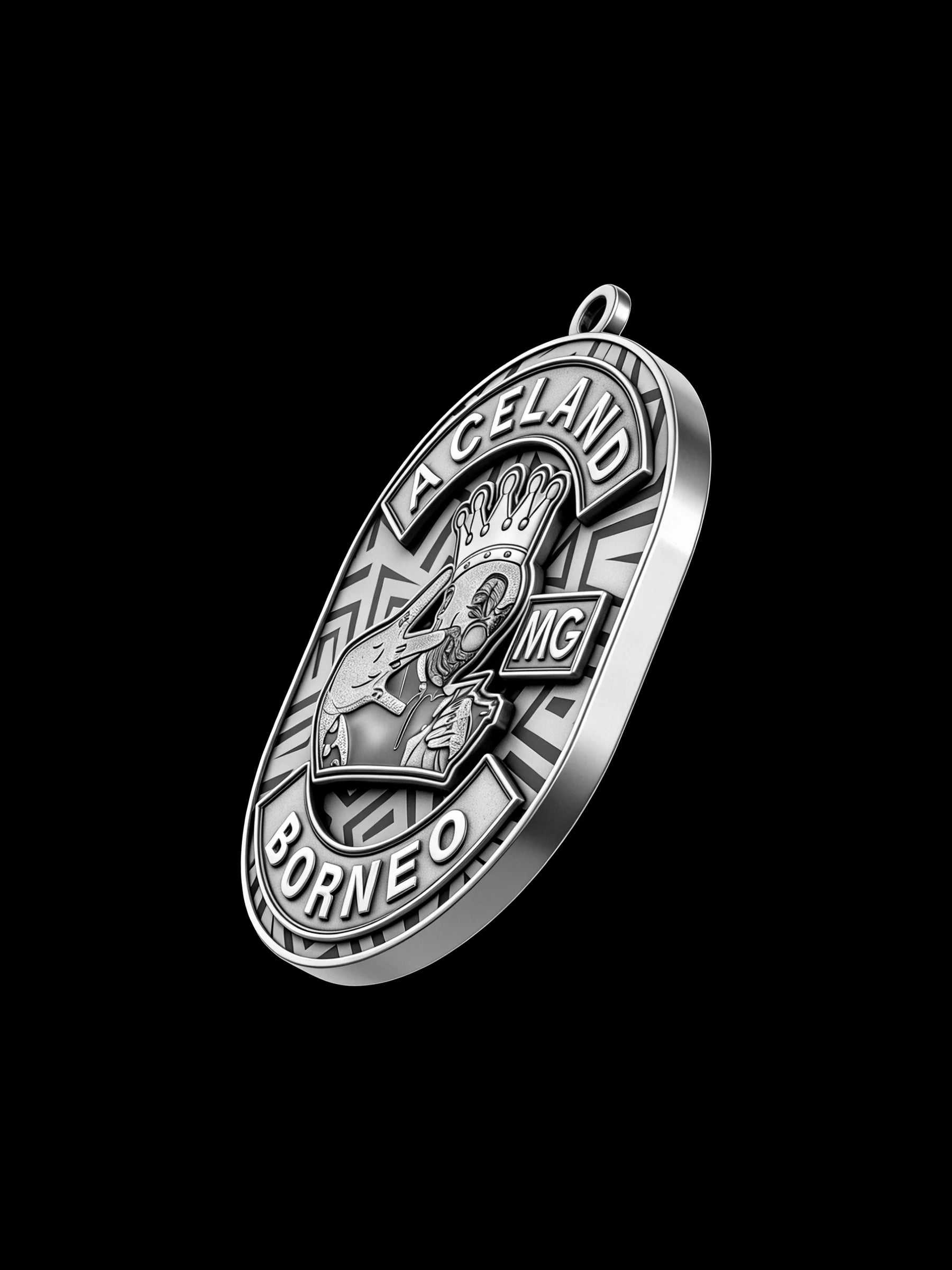 Custom crowned rabbit motorcycle club pendant craftsmanship reference, three quarter view