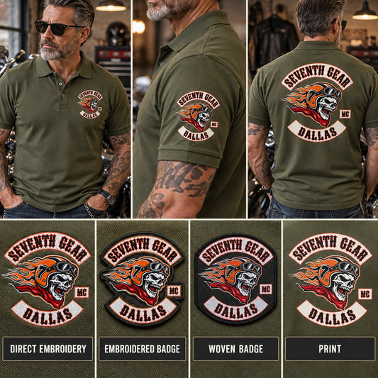 Seventh Gear Dallas motorcycle club polo samples compare direct embroidery, embroidered badge, woven badge and print decoration methods.