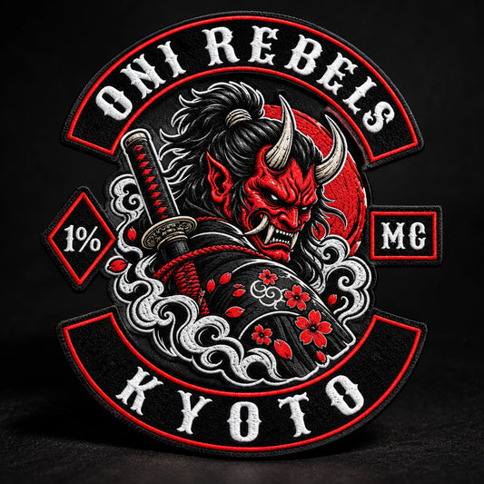 Custom motorcycle club event patch featuring the oni rebels kyoto logo for custom die-cut silhouette.
