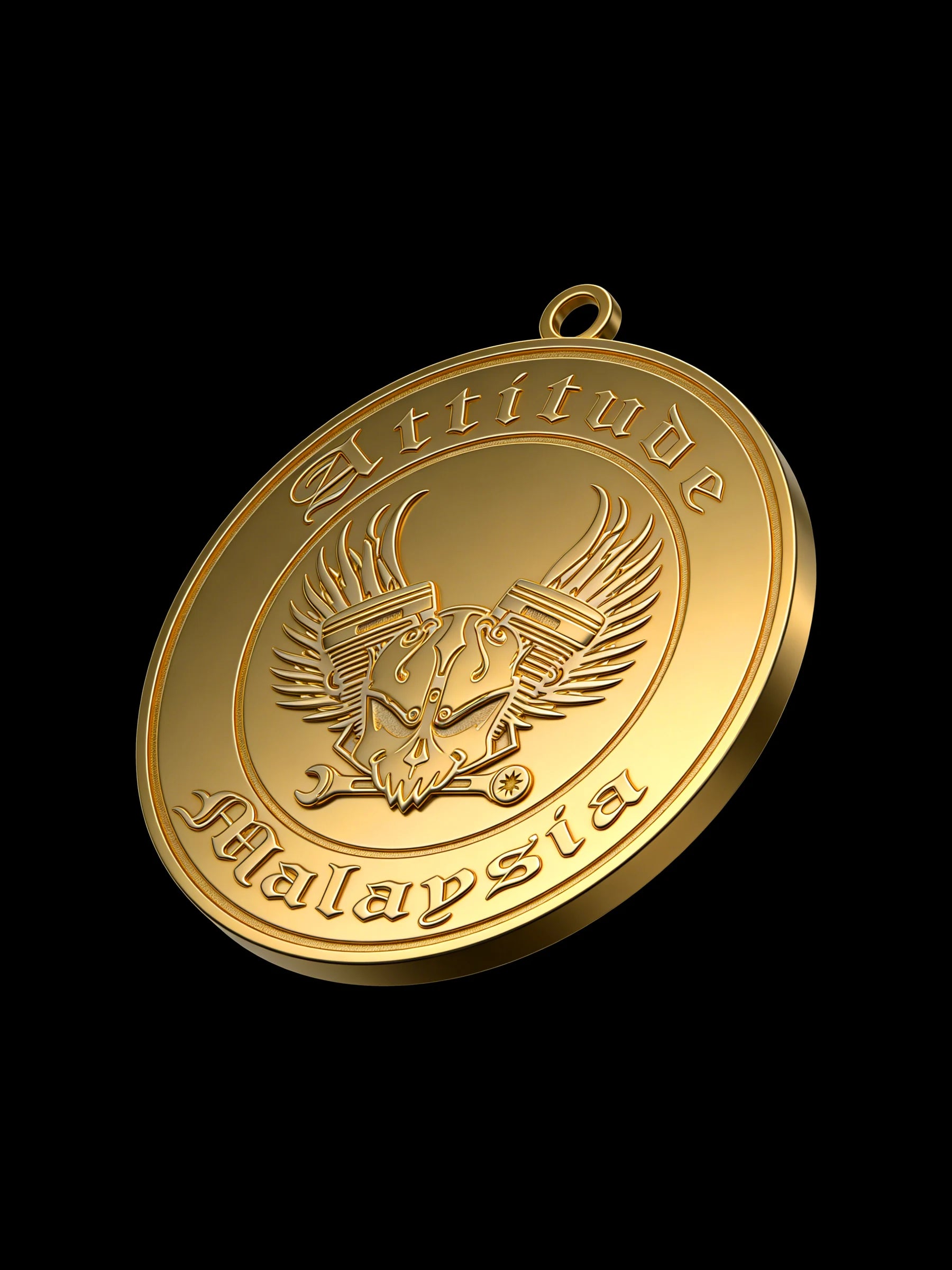 Custom eagle coin motorcycle club pendant craftsmanship reference, left angle