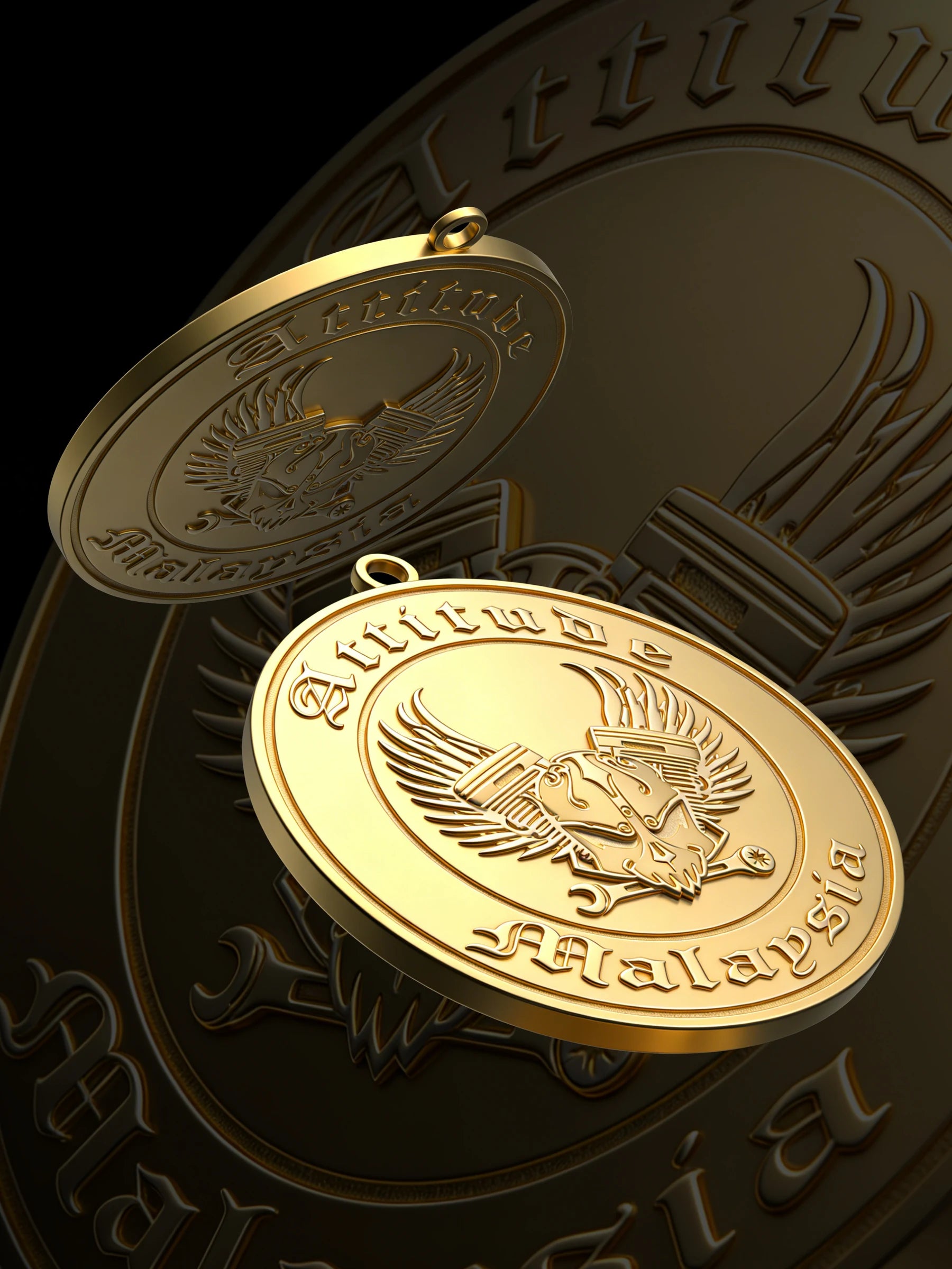 Custom eagle coin motorcycle club pendant craftsmanship reference, paired display