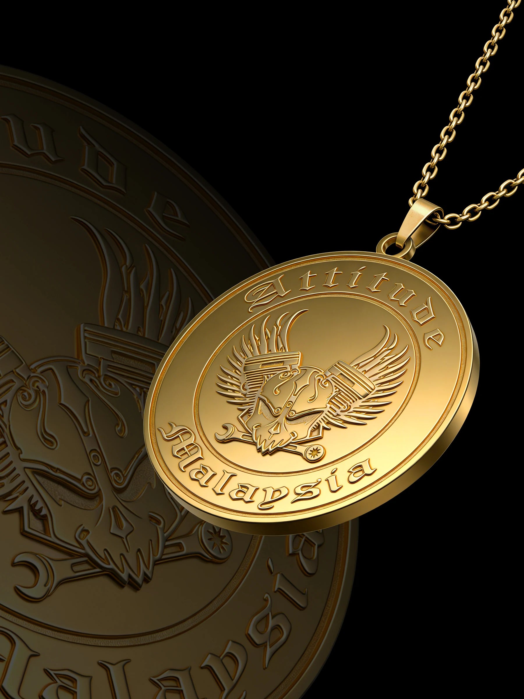 Custom eagle coin motorcycle club pendant craftsmanship reference, raised relief detail