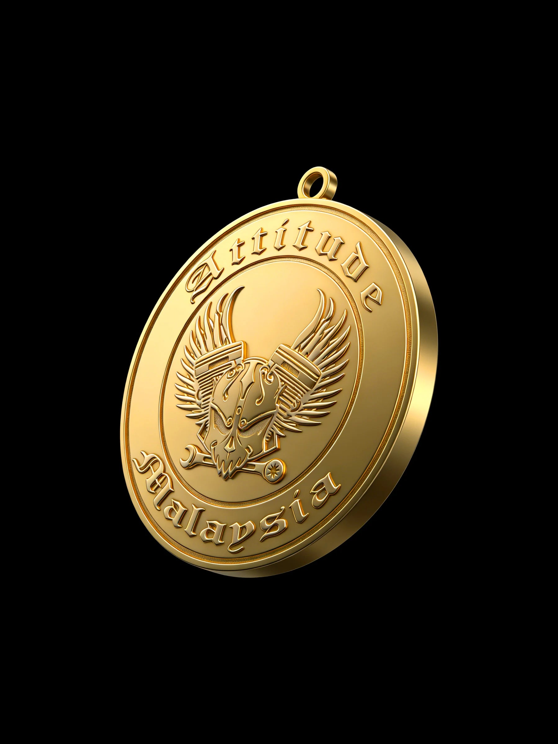 Custom eagle coin motorcycle club pendant craftsmanship reference, three quarter view