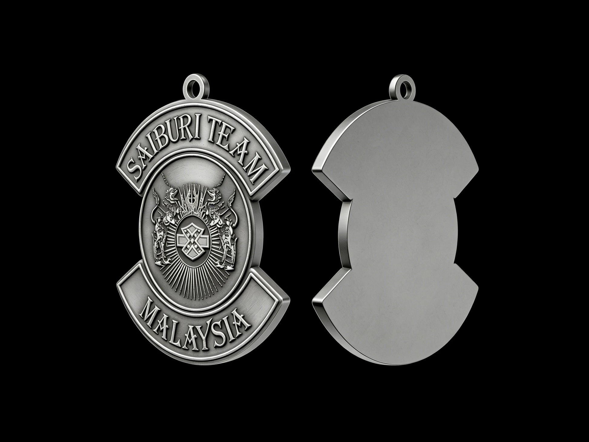 Custom eagle crest motorcycle club pendant craftsmanship reference, back and front