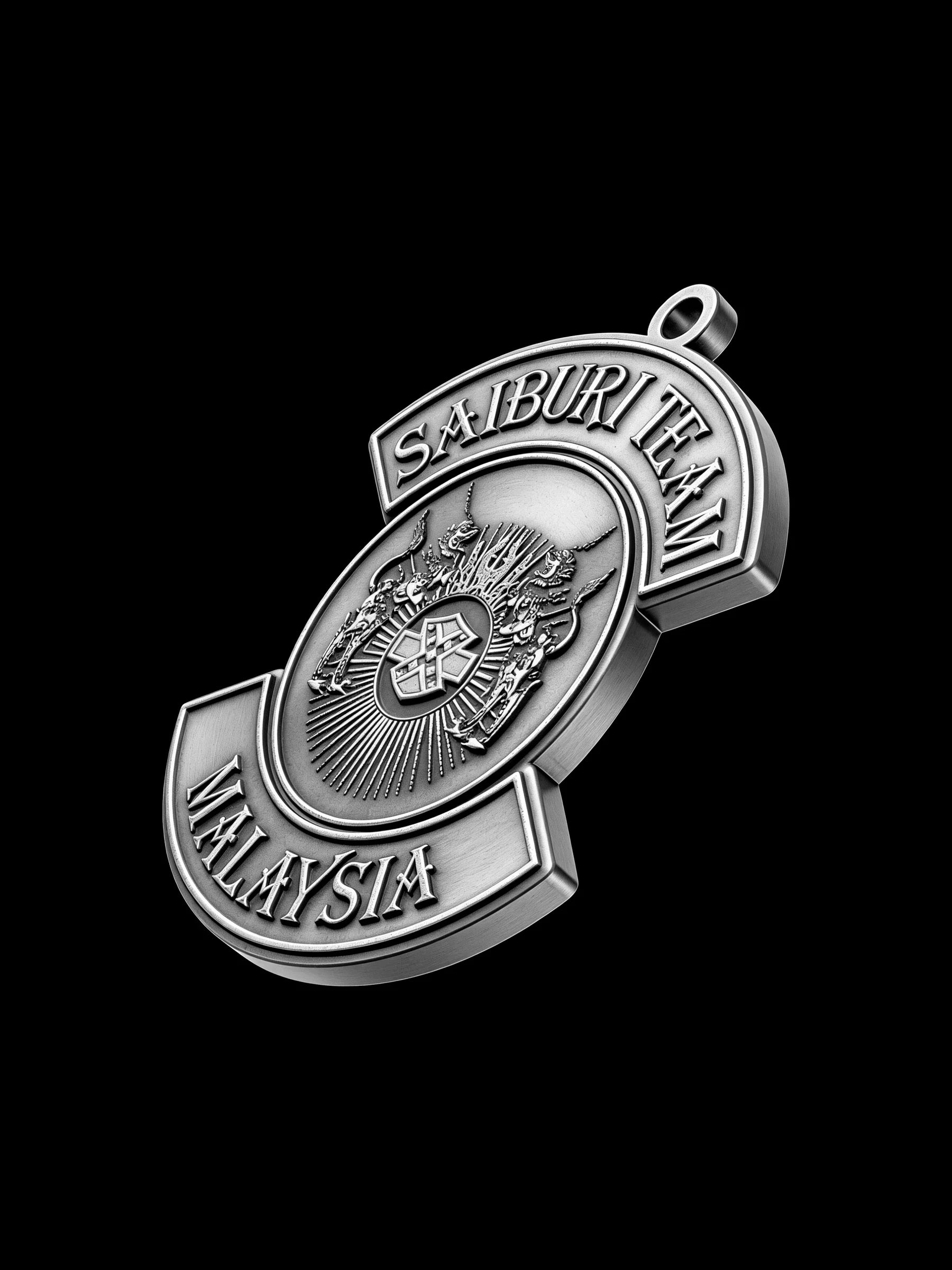 Custom eagle crest motorcycle club pendant craftsmanship reference, left angle