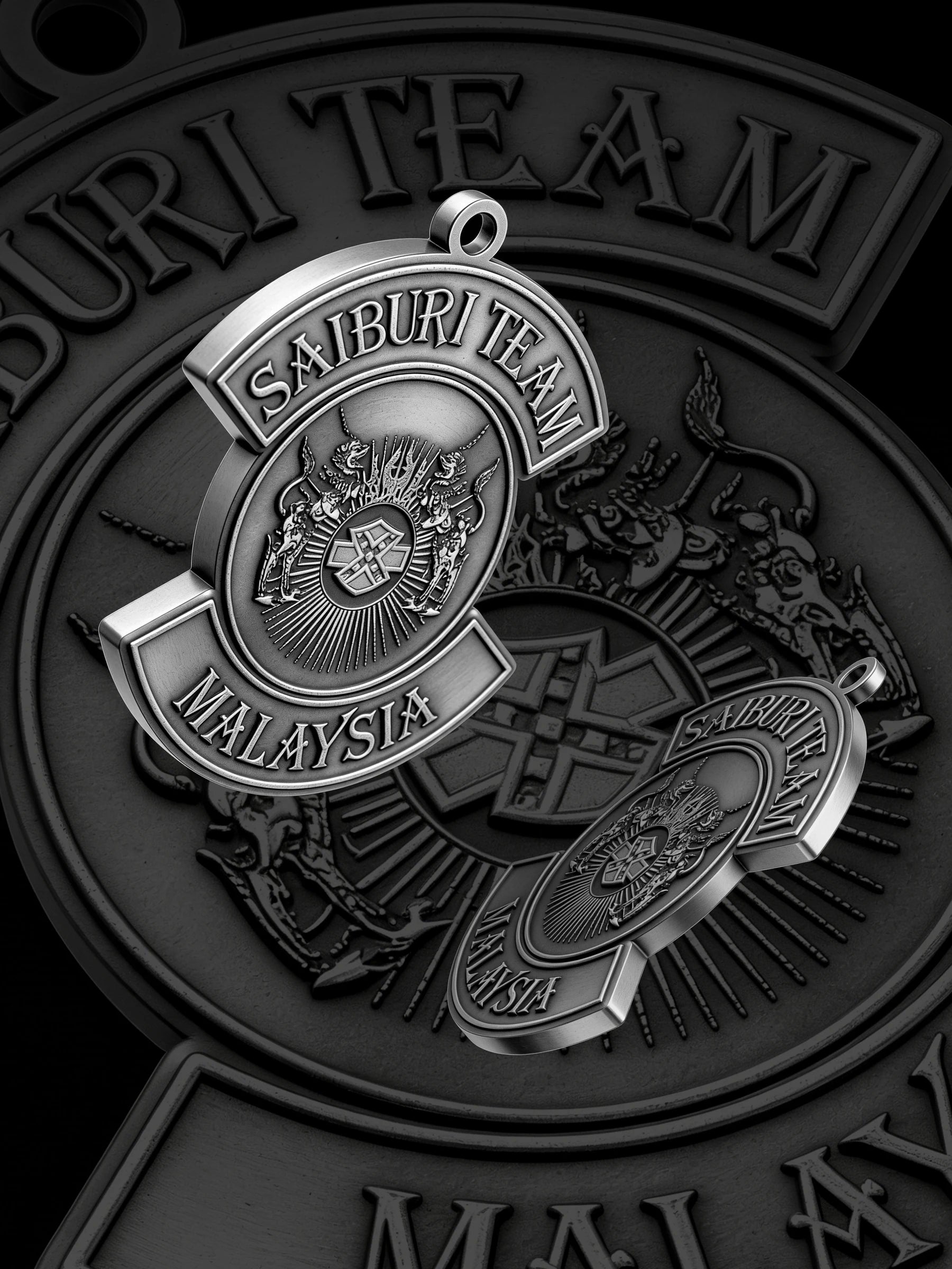 Custom eagle crest motorcycle club pendant craftsmanship reference, paired display