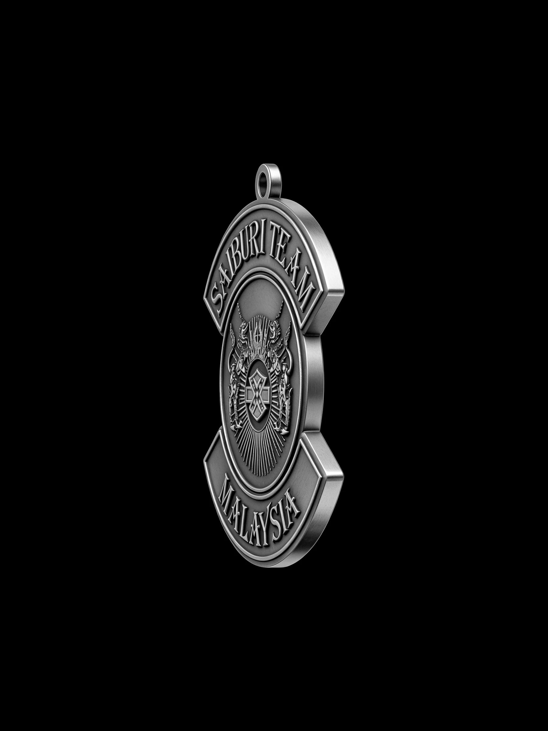 Custom eagle crest motorcycle club pendant craftsmanship reference, three quarter view
