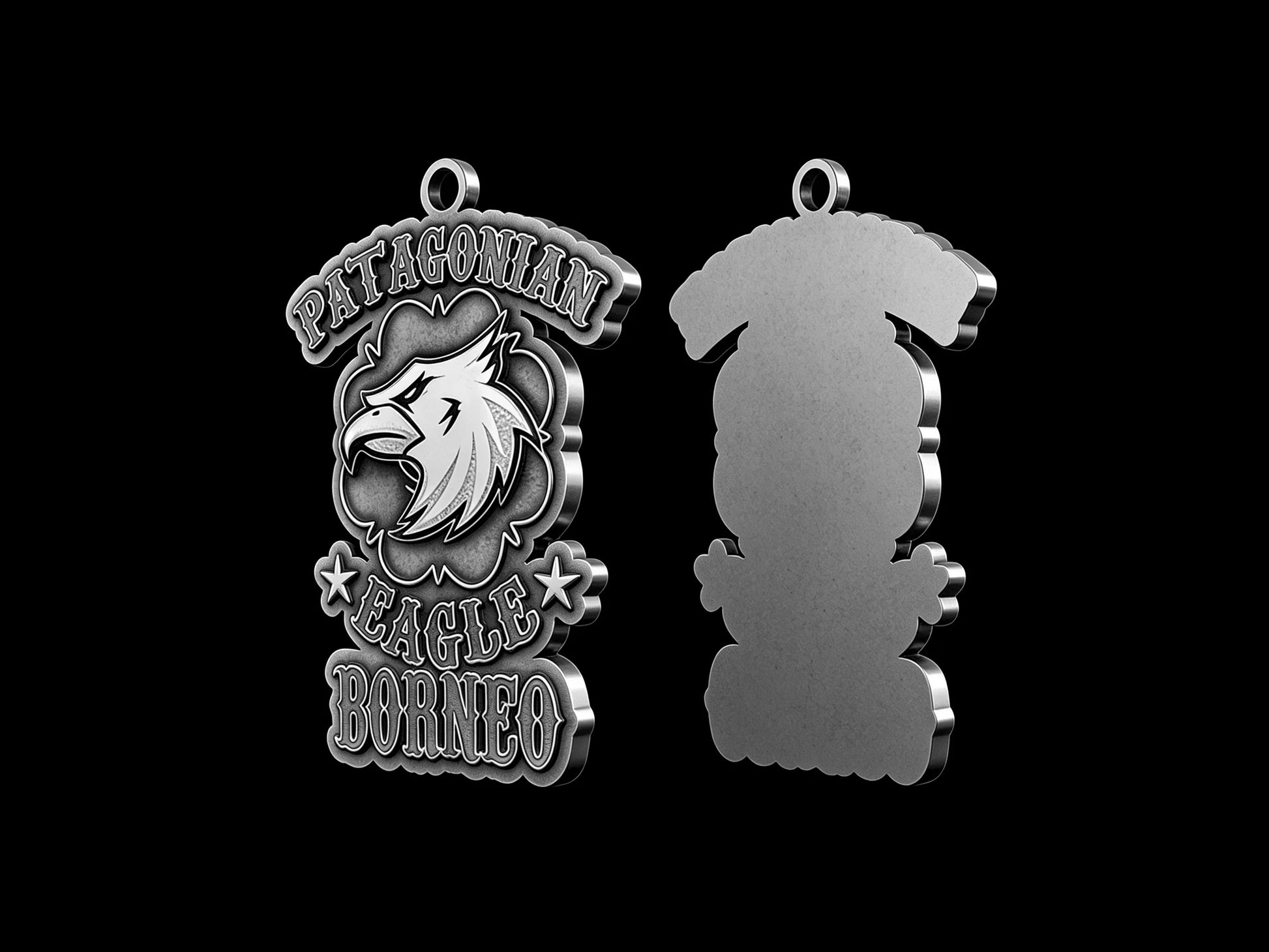 Custom eagle head motorcycle club pendant craftsmanship reference, back and front
