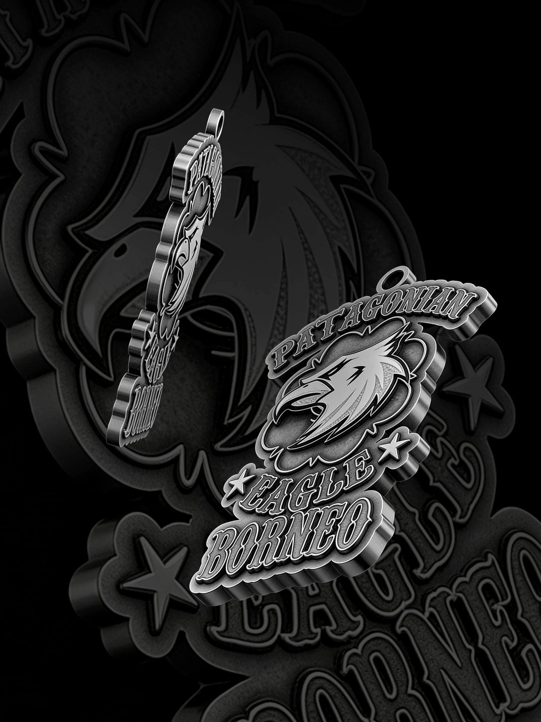 Custom eagle head motorcycle club pendant craftsmanship reference, paired display