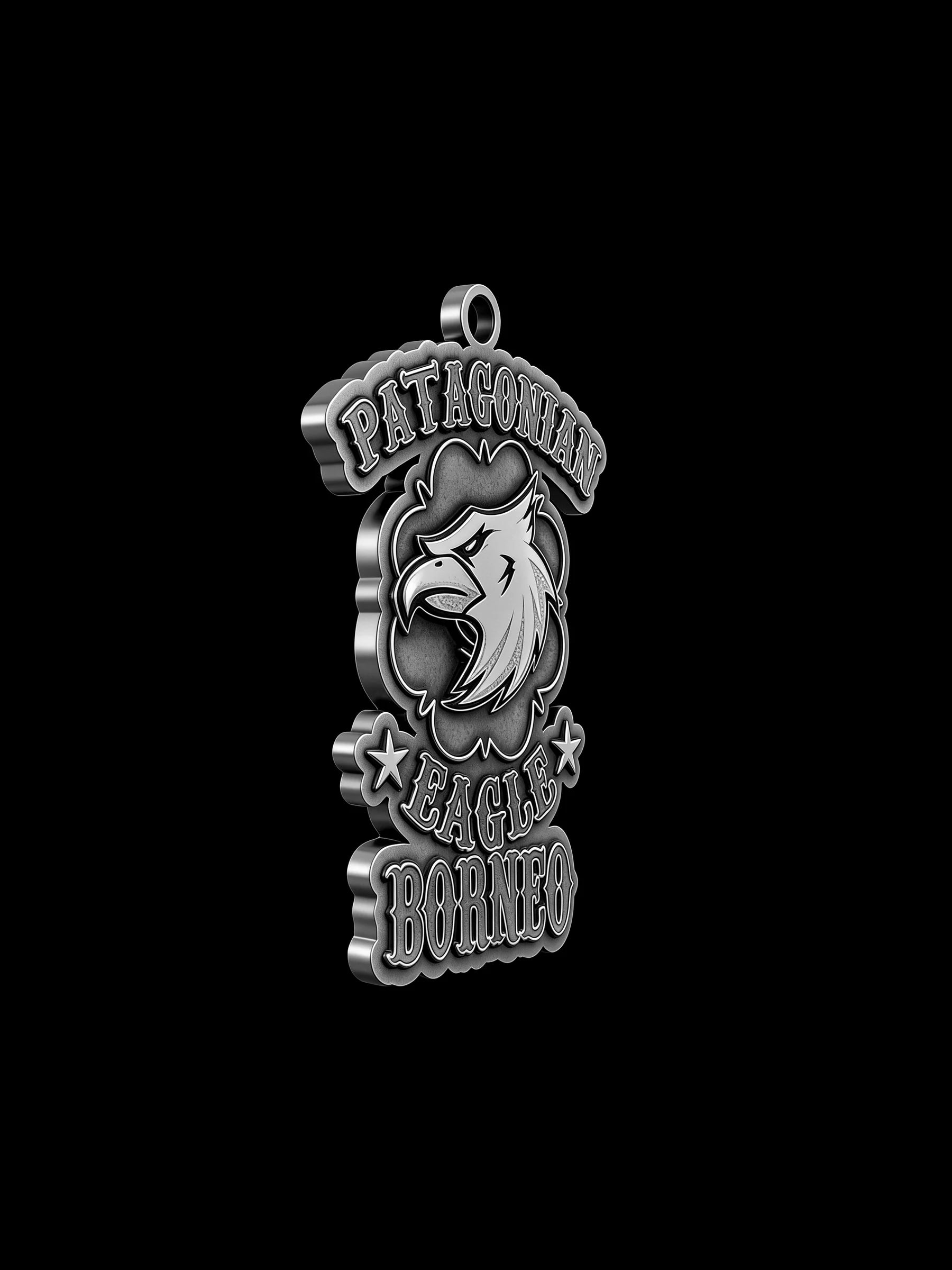 Custom eagle head motorcycle club pendant craftsmanship reference, right angle