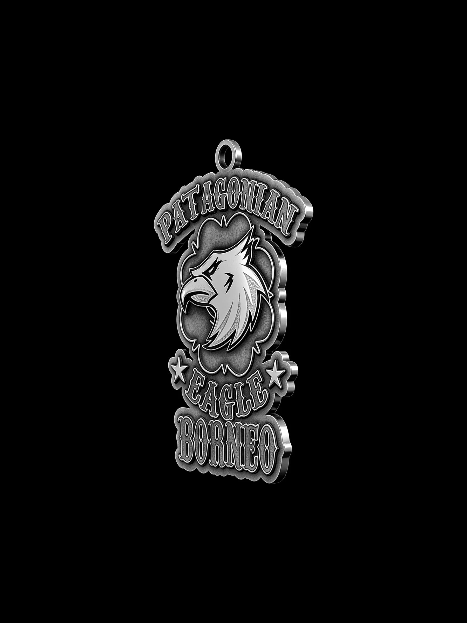 Custom eagle head motorcycle club pendant craftsmanship reference, three quarter view