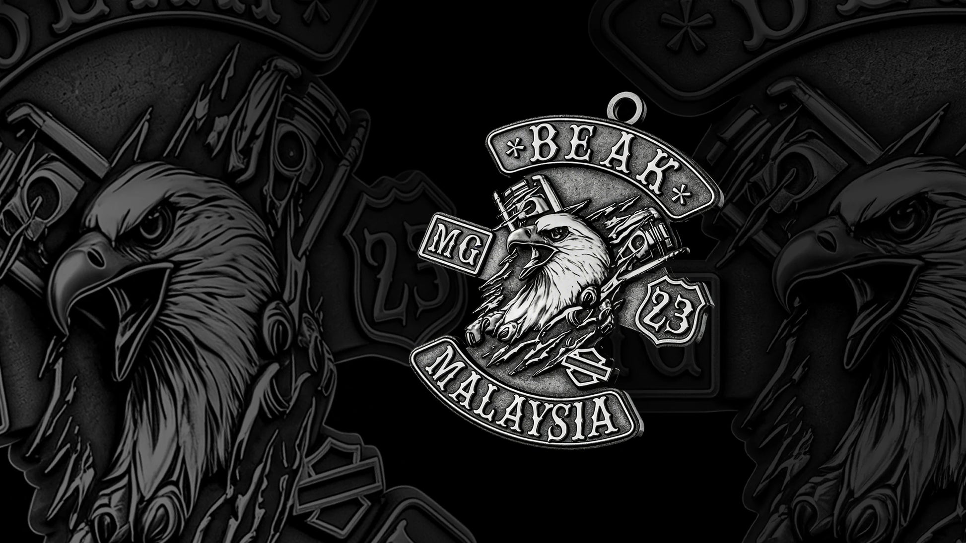 Custom eagle and piston motorcycle club pendant craftsmanship reference, back and front