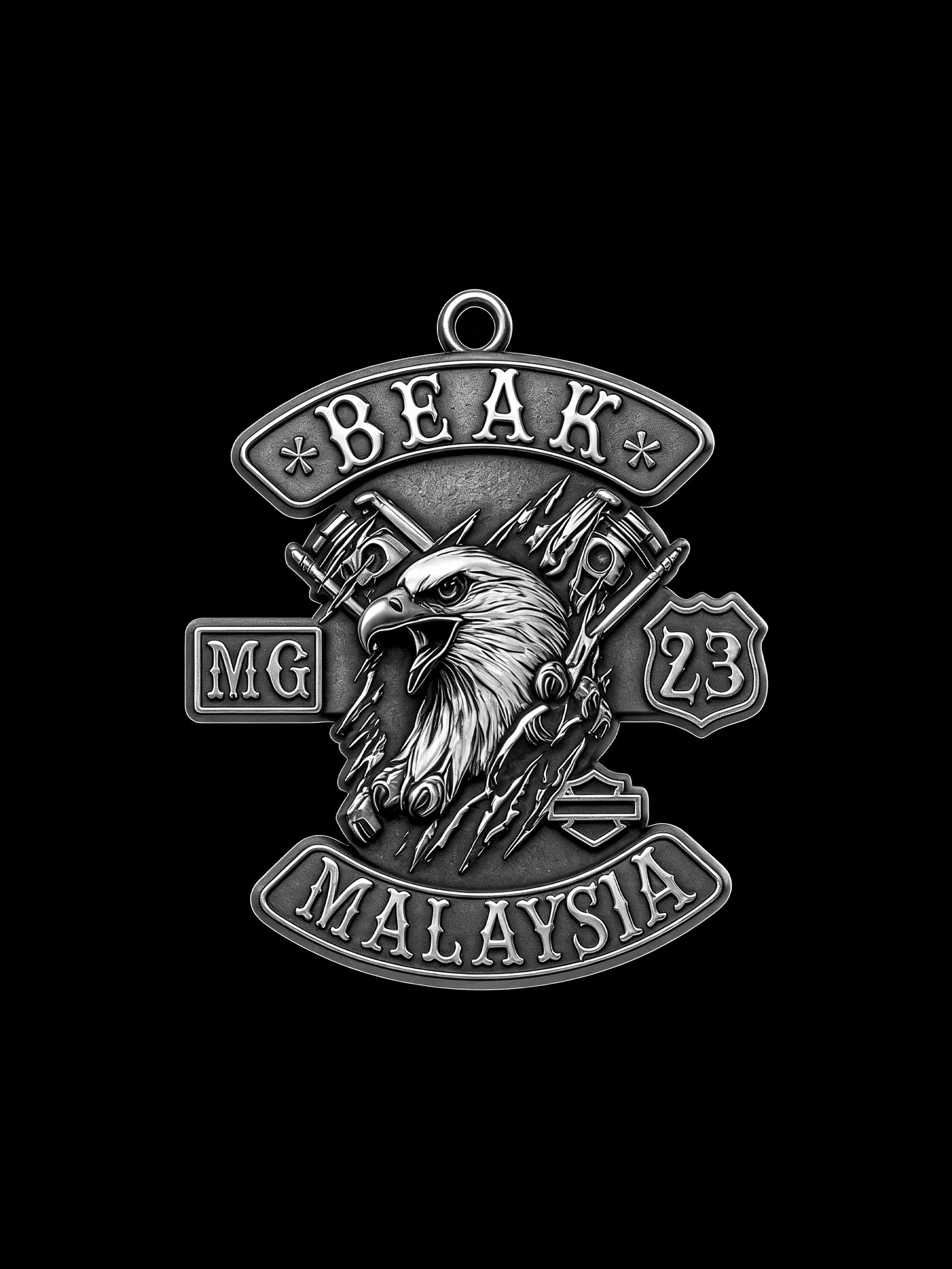 Custom eagle and piston motorcycle club pendant craftsmanship reference, front view