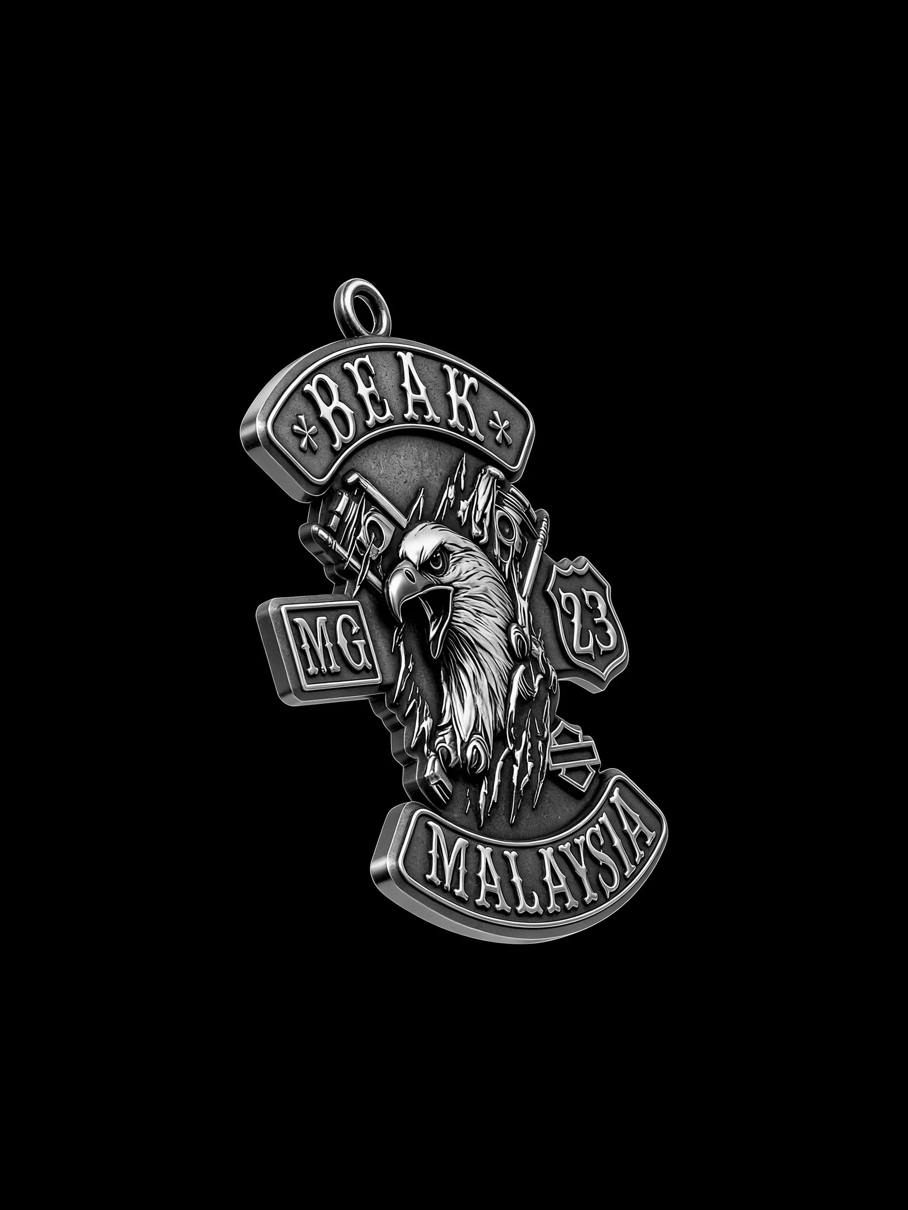 Custom eagle and piston motorcycle club pendant craftsmanship reference, left angle