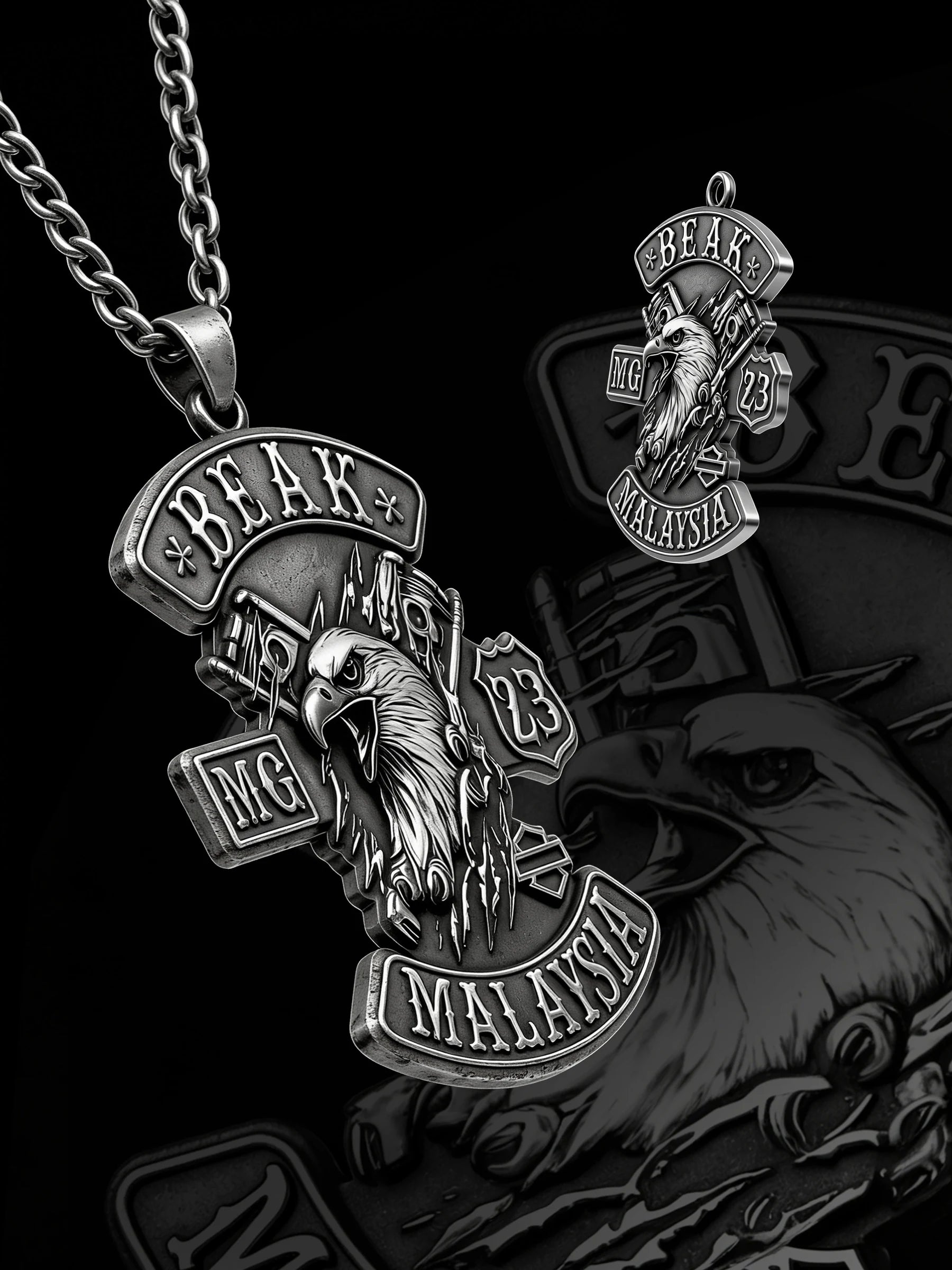 Custom eagle and piston motorcycle club pendant craftsmanship reference, paired display