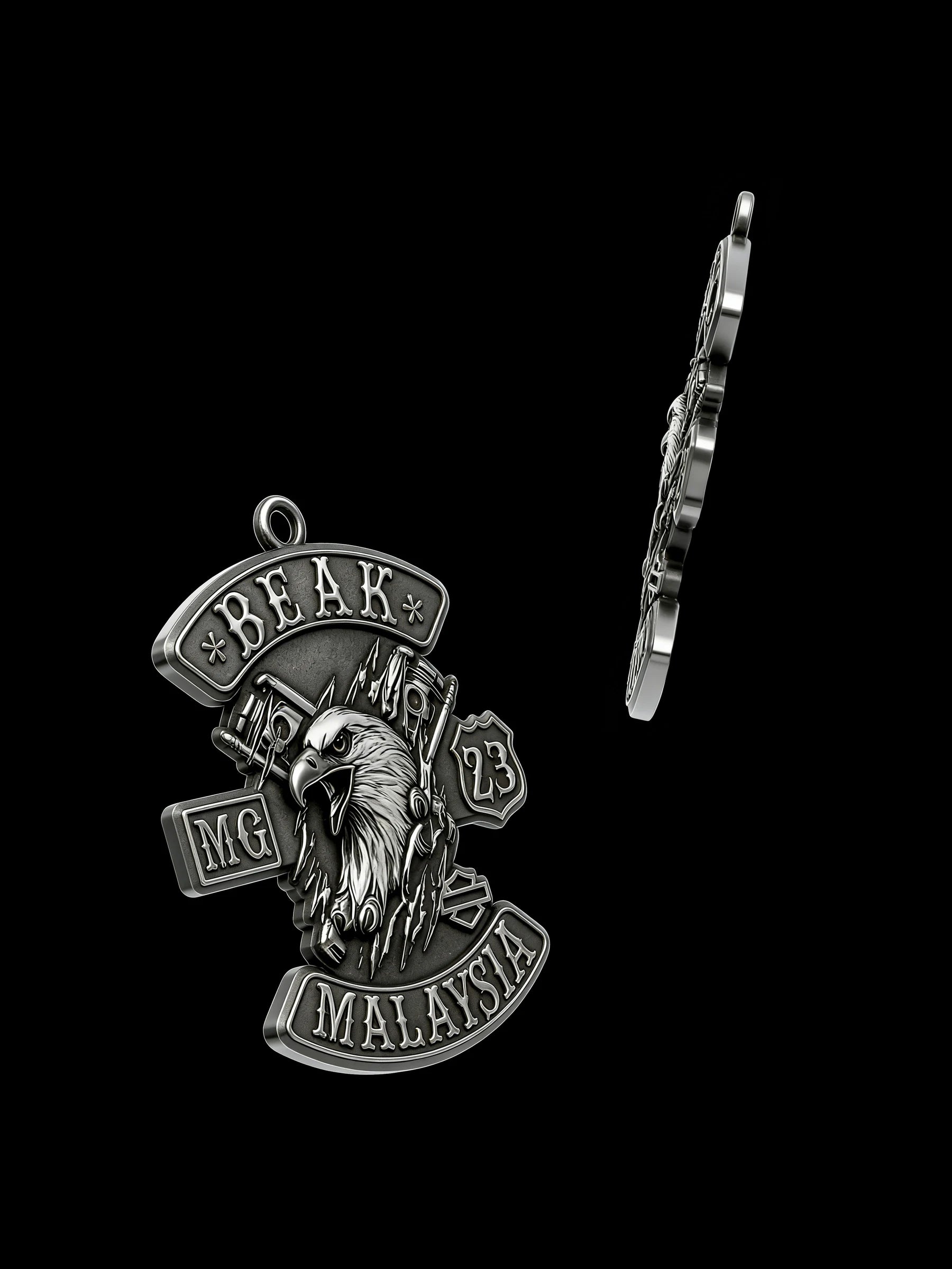 Custom eagle and piston motorcycle club pendant craftsmanship reference, raised relief detail