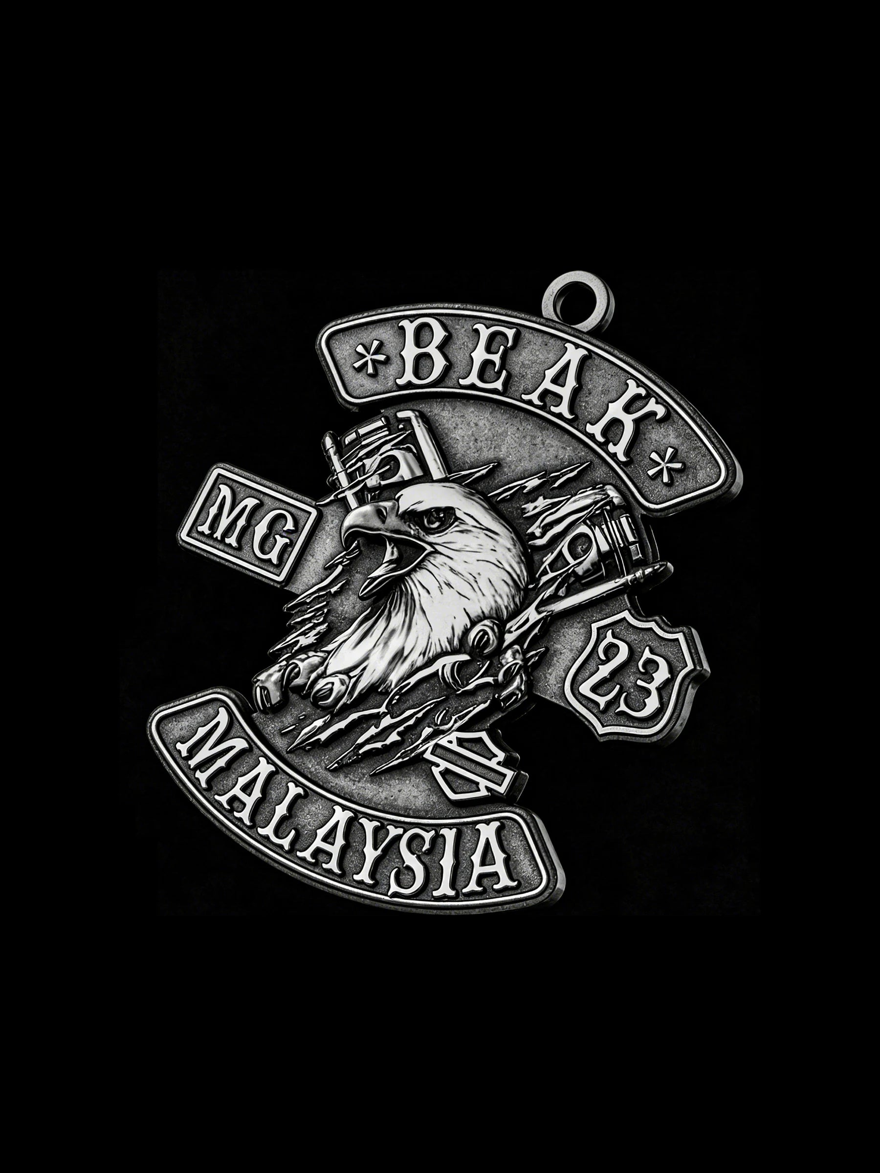 Custom eagle and piston motorcycle club pendant craftsmanship reference, right angle