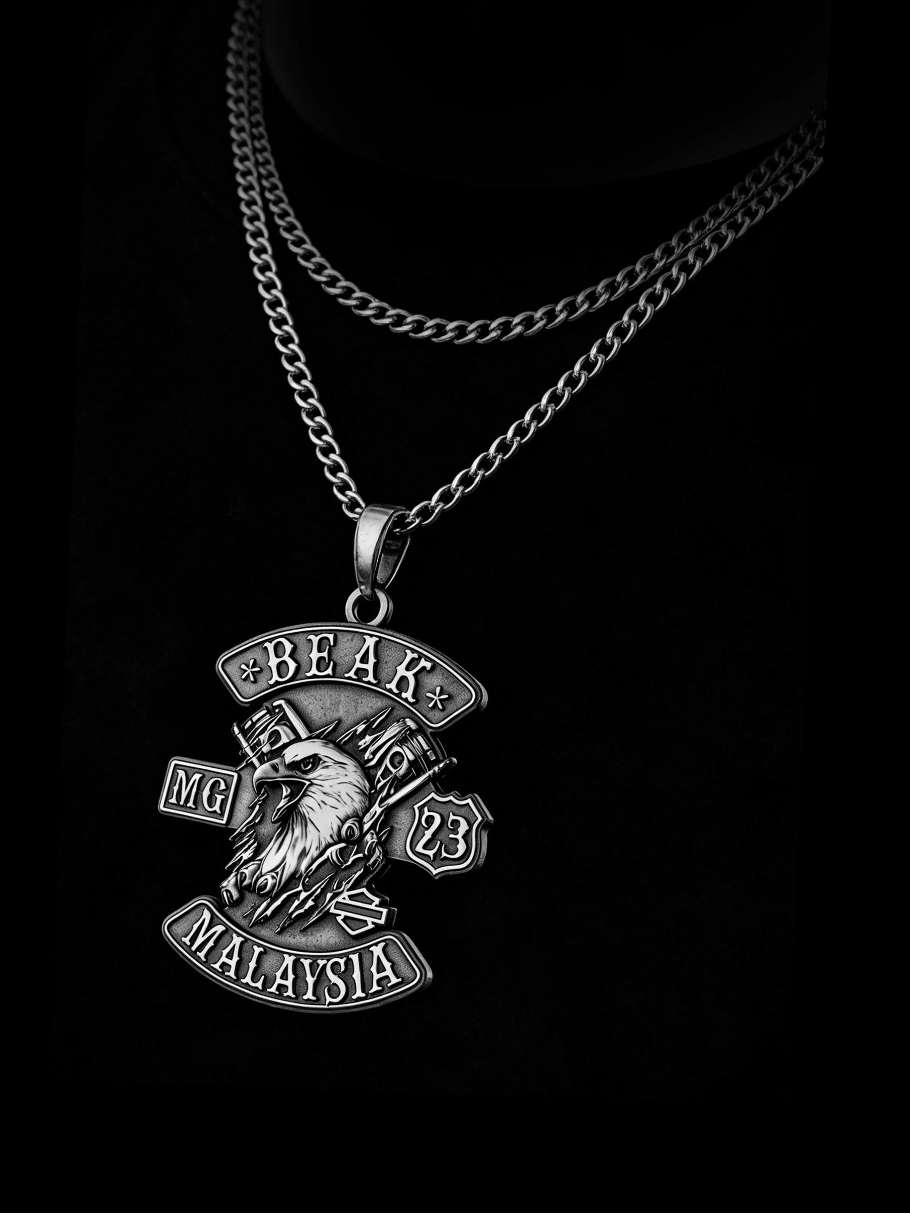 Custom eagle and piston motorcycle club pendant craftsmanship reference, side profile