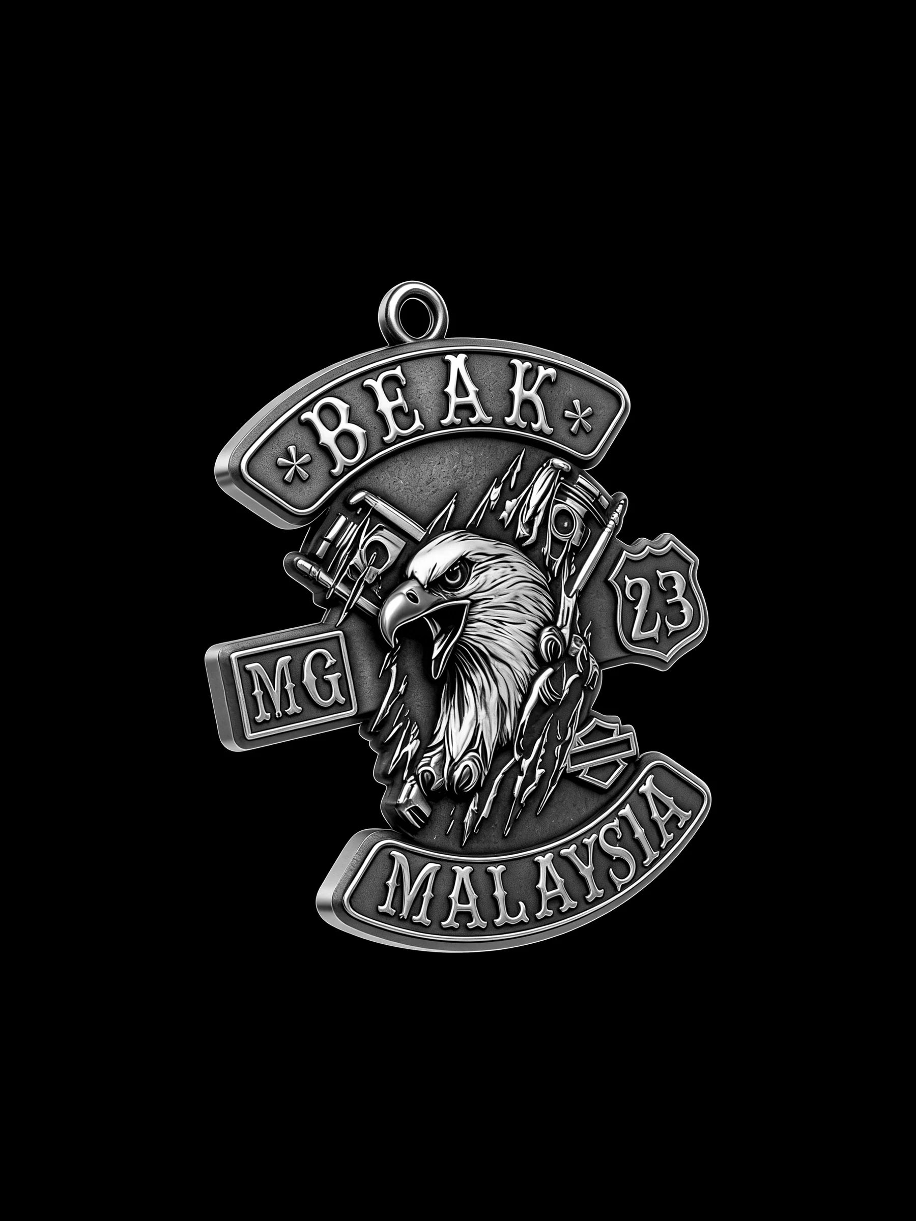 Custom eagle and piston motorcycle club pendant craftsmanship reference, three quarter view