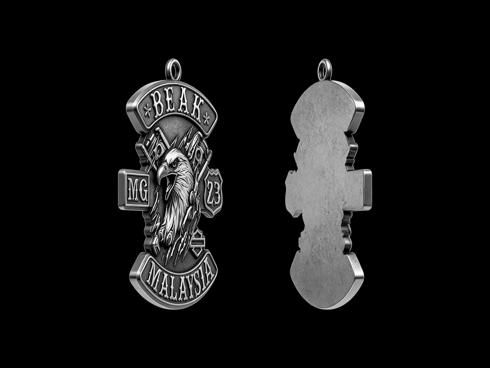 Custom eagle and piston motorcycle club pendant craftsmanship reference, with chain