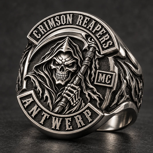 Custom-profile stainless steel club ring with a silhouette developed around the emblem.