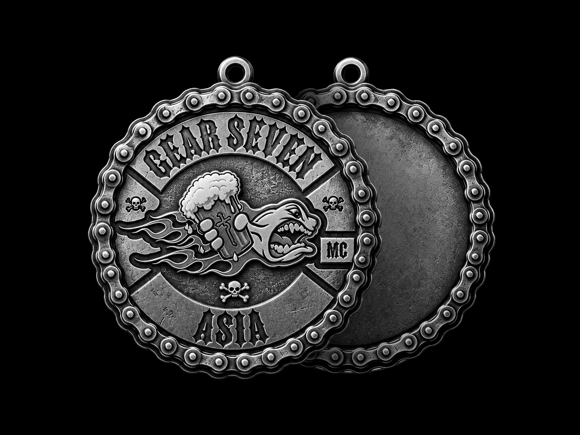Custom flaming beer wolf motorcycle club pendant craftsmanship reference, back and front